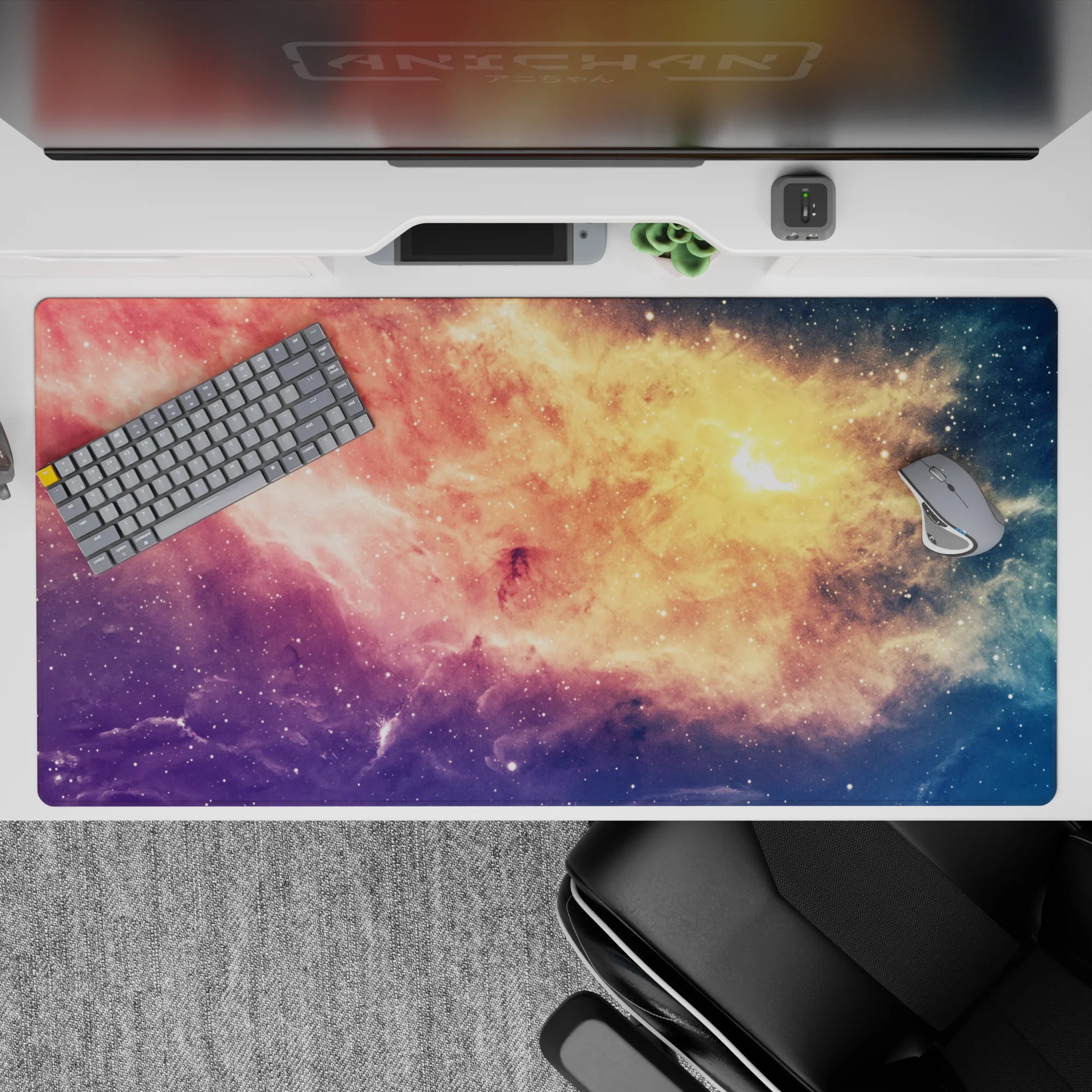 Dreamy candy-sky desk pad 40x20 inches in peach gold, rosy pink, deep violet, and starry blue.