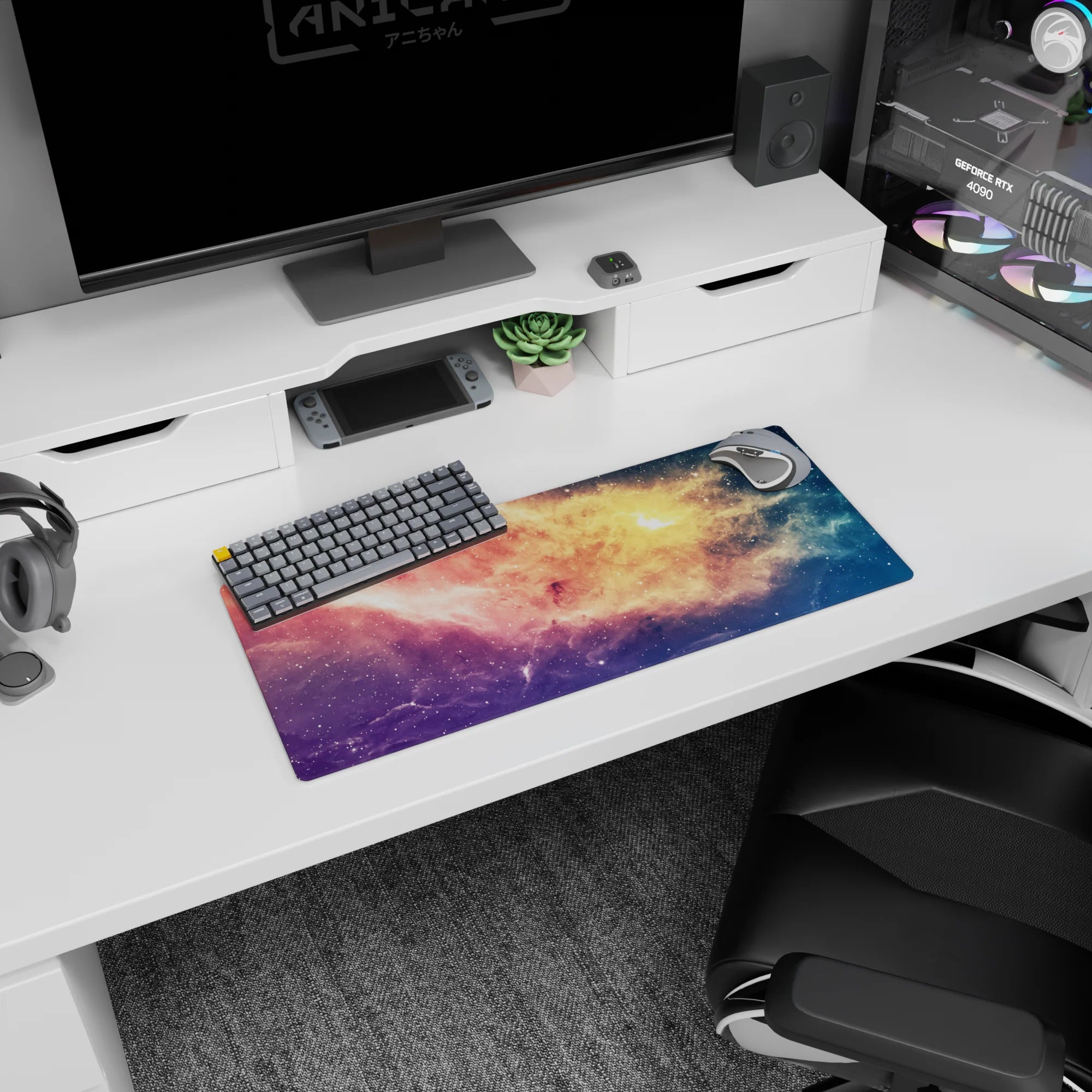 Star-speckled space window scene mouse pad 28x12 inches with hazy nebula swirls and glowing cloud streaks.