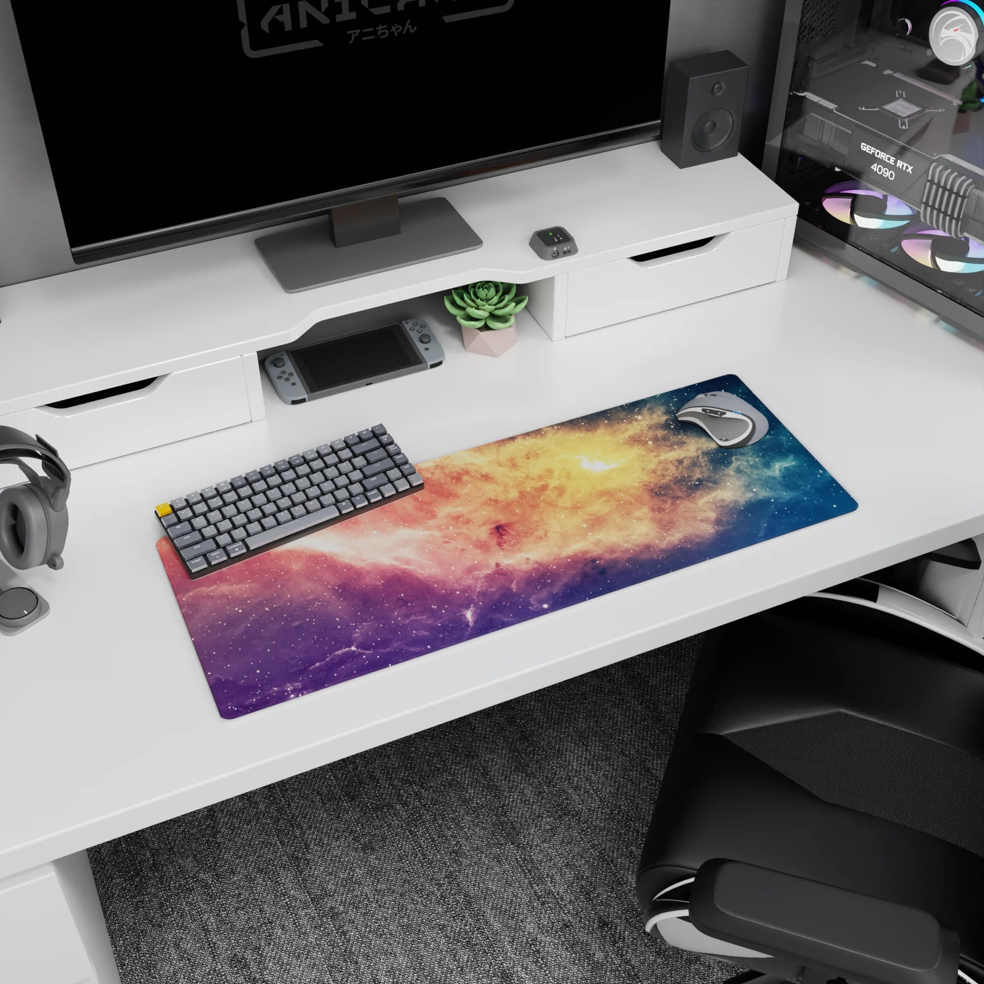 Star-speckled space window scene mouse pad 32x12 inches with cloudlike nebula fading to blue.