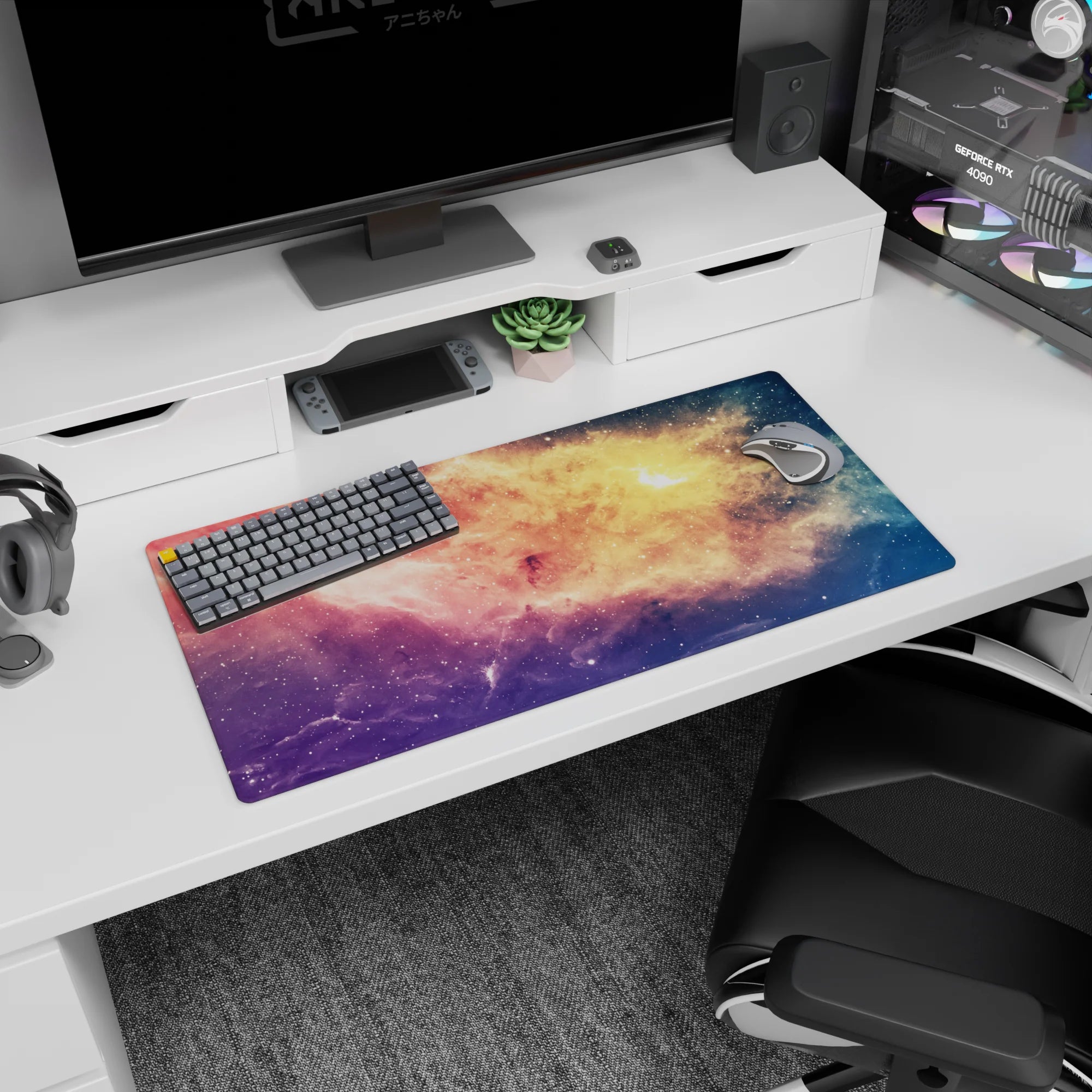Star-speckled space window scene mouse pad, 32x16 inches, with hazy light bursts and clouds.