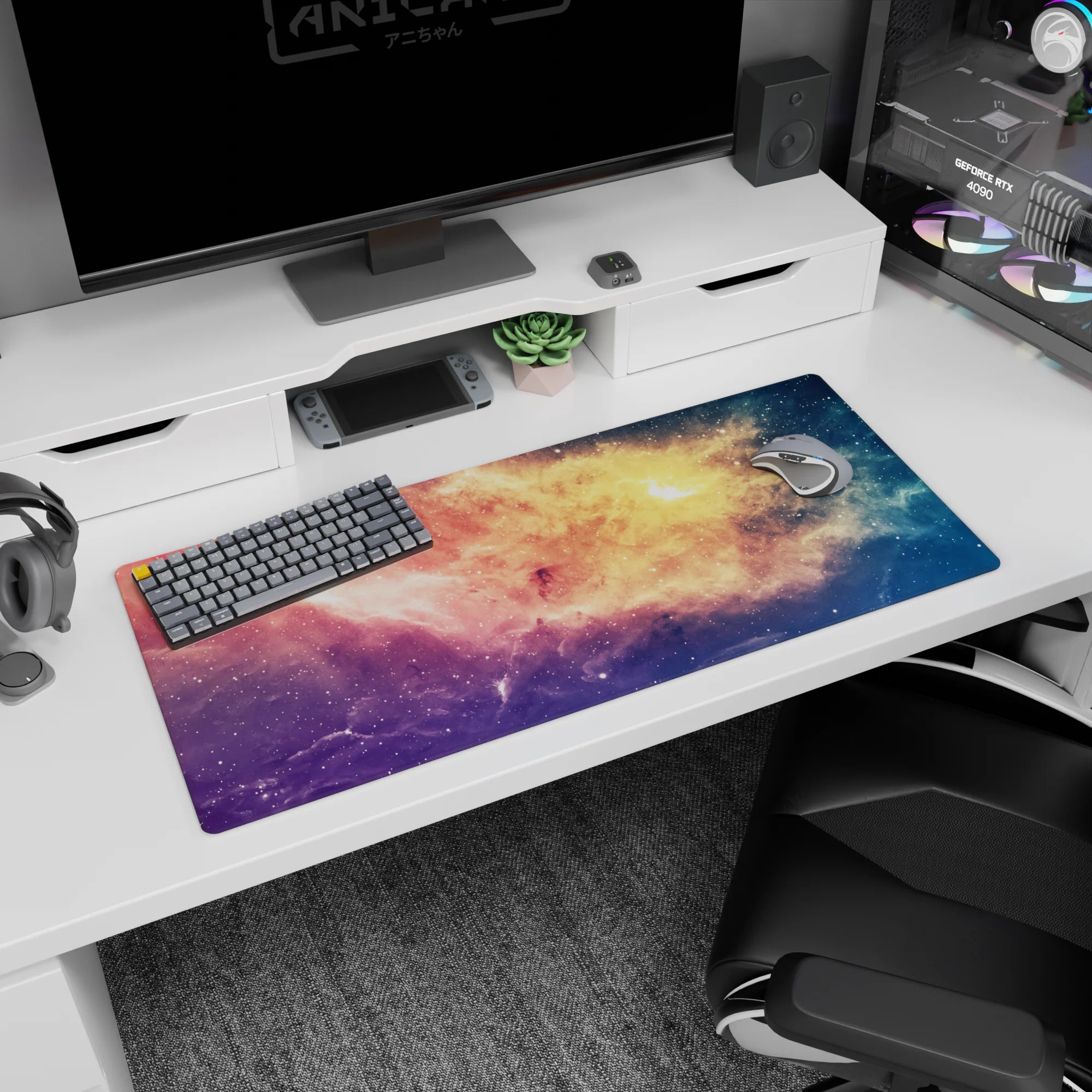 Star-speckled space window desk pad 36x16 inches with glowing clouds and a calm night-sky scene.