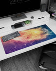 Star-speckled space window desk pad 36x16 inches with glowing clouds and a calm night-sky scene.