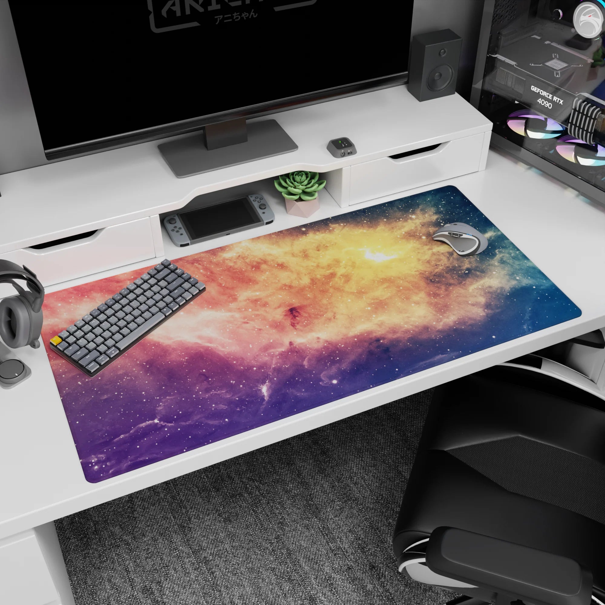 Star-speckled space window desk pad 40x20 inches showing peach clouds fading into violet-blue night sky.