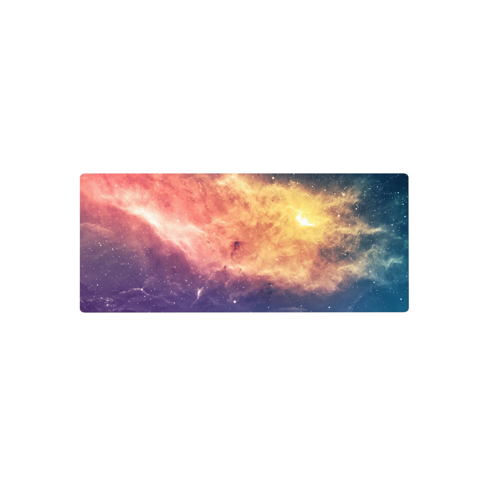 Galaxy nebula desk mouse pad 28x12 inches with swirling clouds, soft light bursts, and starry blue edges.