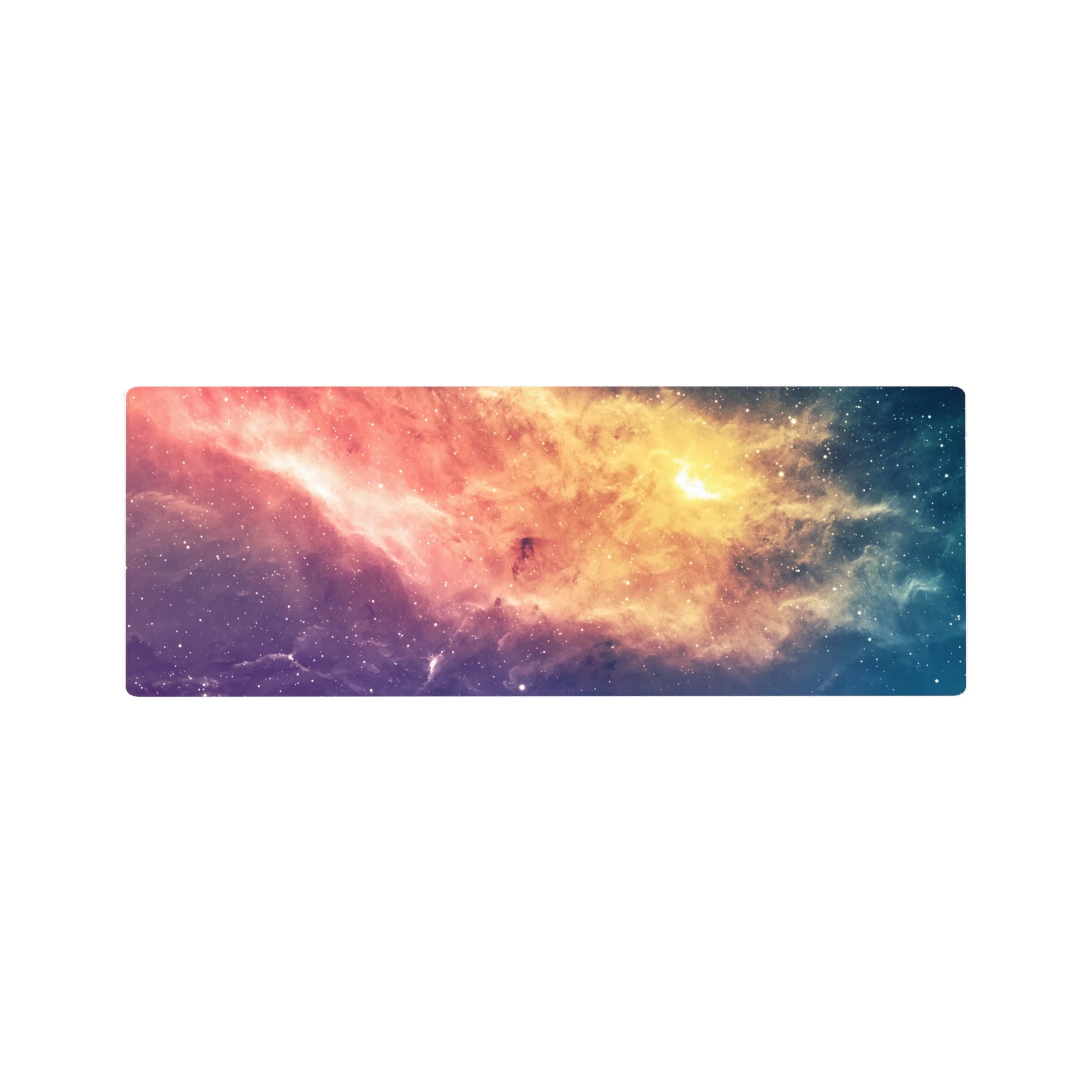 Candy-sky nebula desk mouse pad 32x12 inches with swirls, haze, and soft light bursts.