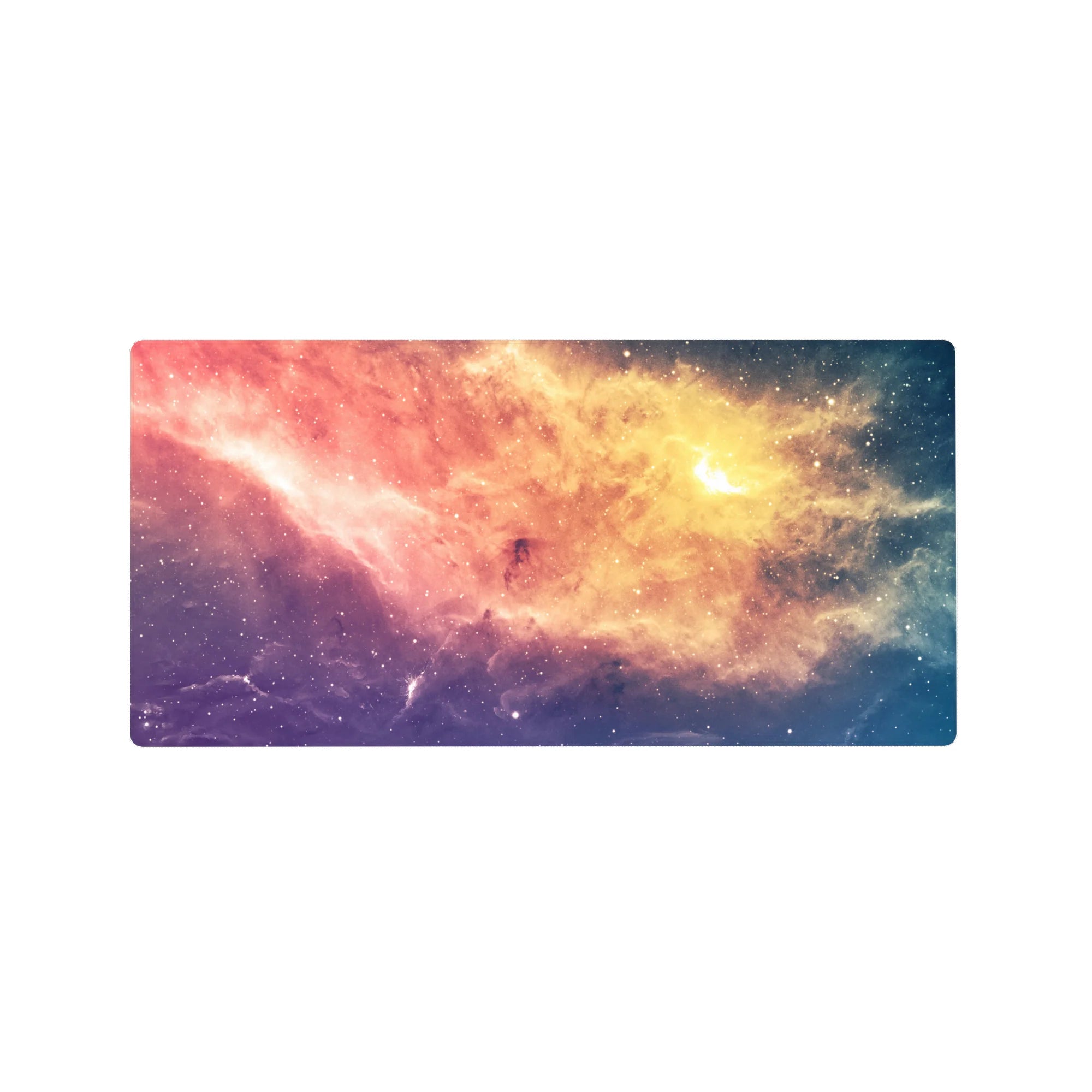 Galaxy nebula desk mouse pad, 32x16 inches, with swirling clouds and starry blue edge.