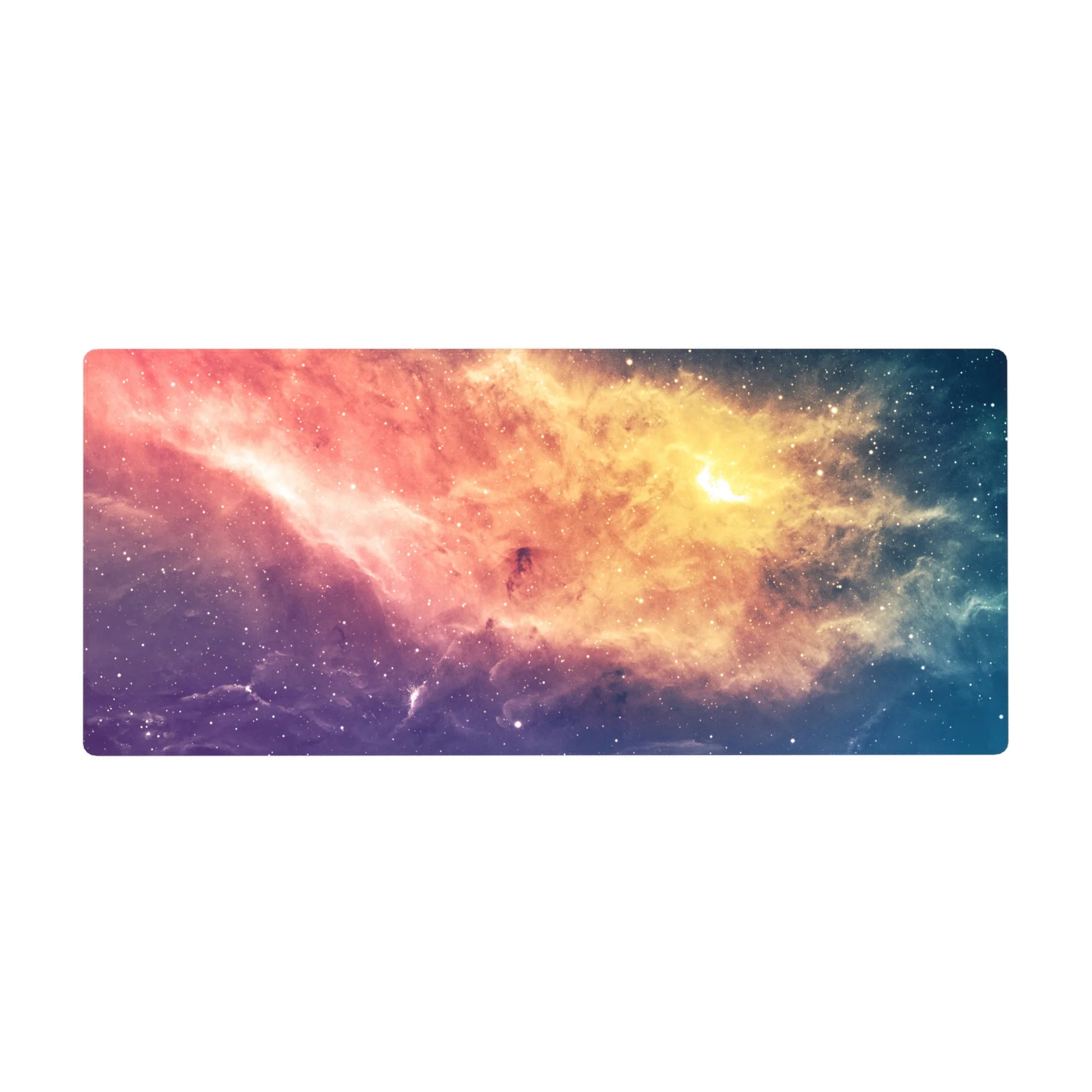 Nebula galaxy desk pad 36x16 inches with swirling clouds, haze, and soft light bursts.