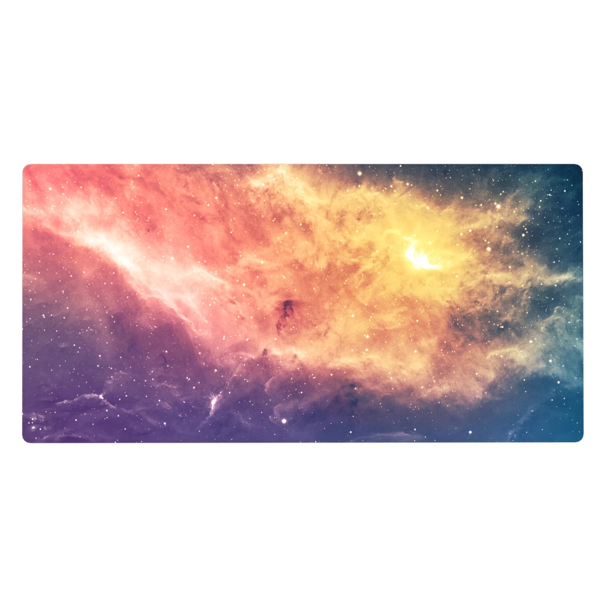 Nebula galaxy desk pad 40x20 inches with swirling clouds, soft light bursts, and smooth glide surface.