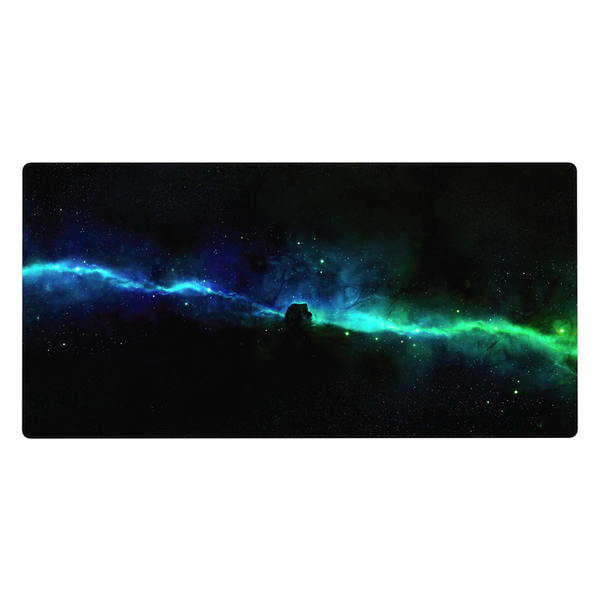 Midnight starfield desk pad 40x20 inches with a glowing nebula ribbon across the center.