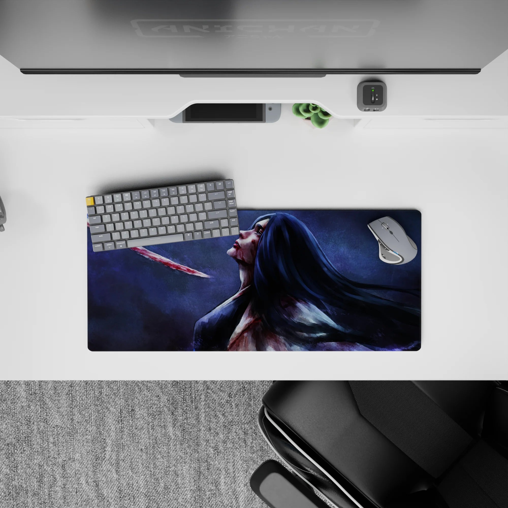 Anime mouse pad 28x12 inches featuring Retsu Unohana from Bleach, with a haunting, painterly style and crimson details.