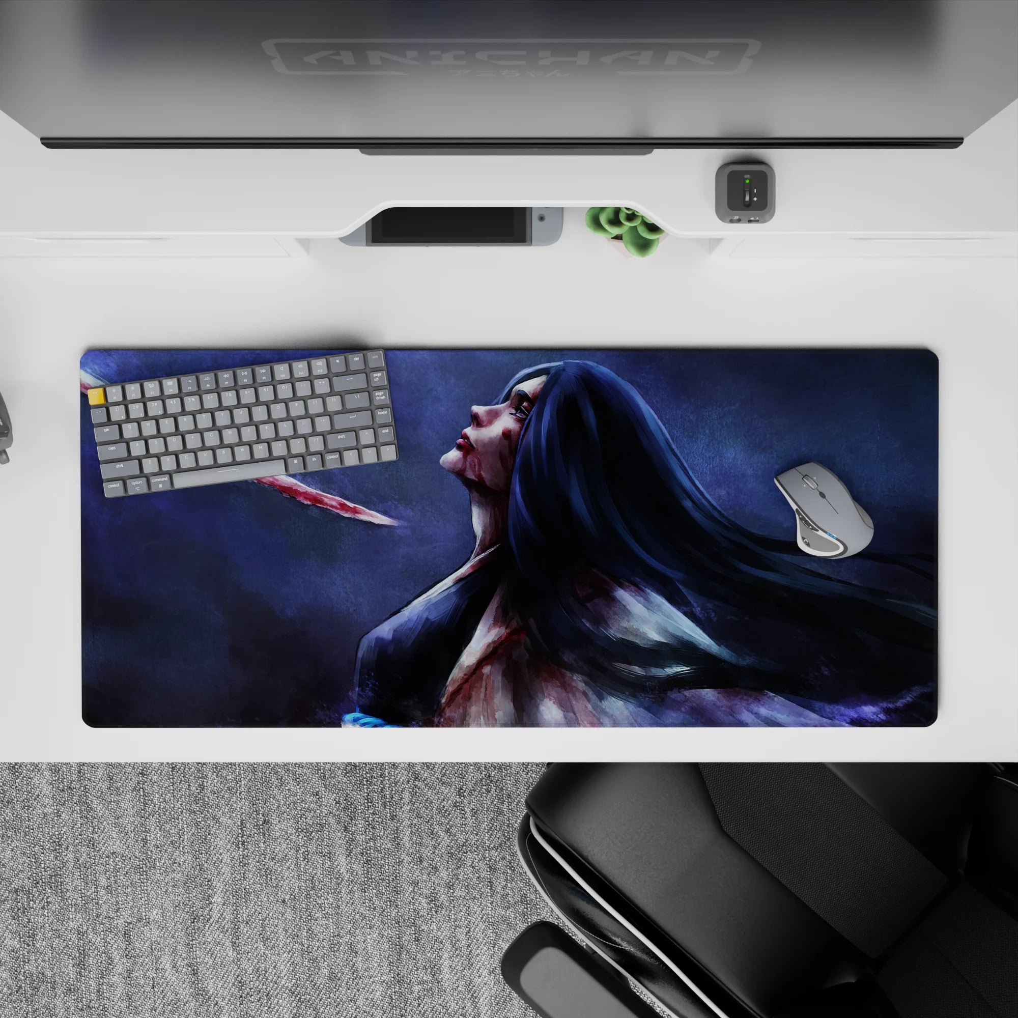 Anime desk pad 36x16 inches featuring Retsu Unohana from Bleach in a haunting, painterly style with blood and blade.