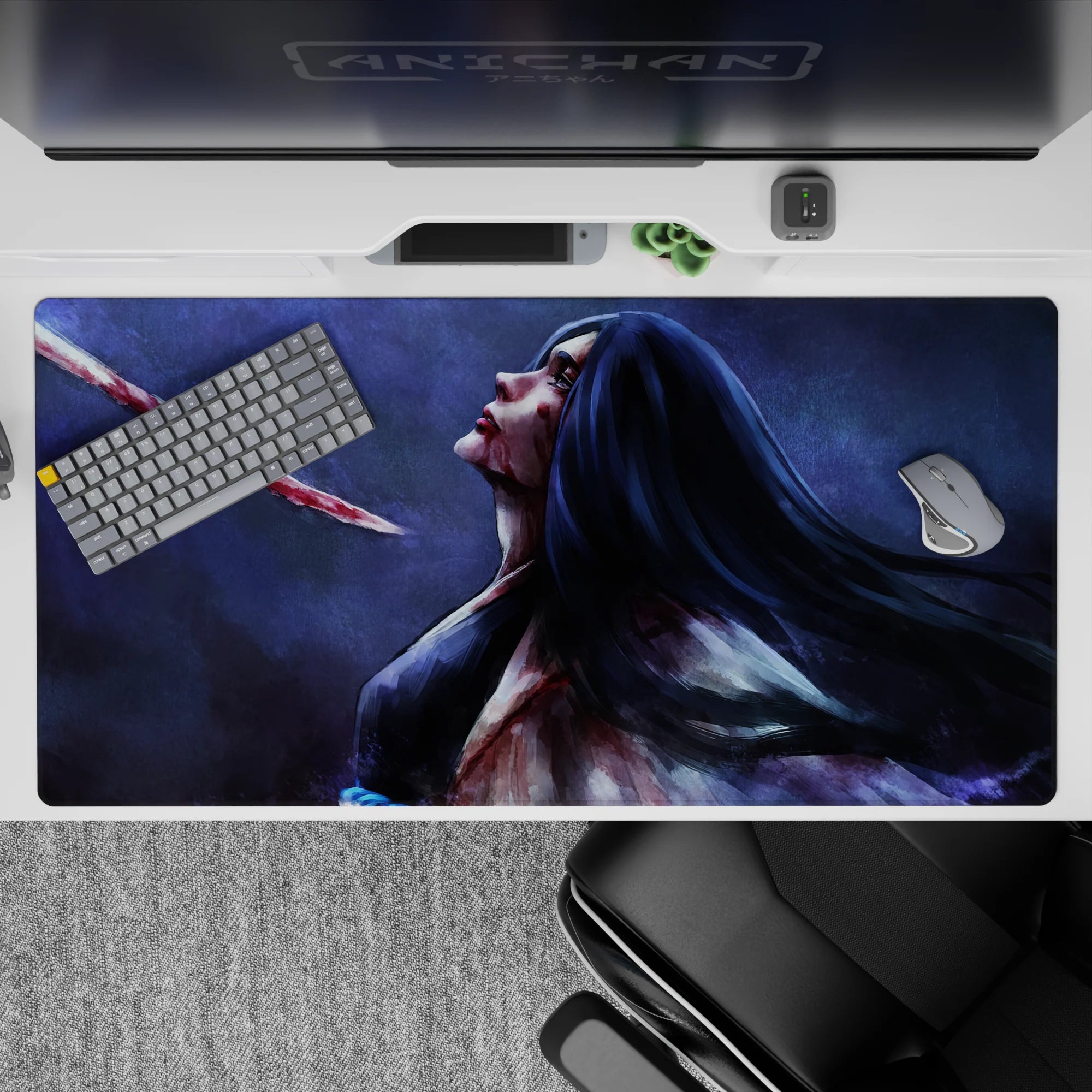 Anime mouse pad featuring Retsu Unohana from Bleach, 40x20 inches. Haunting painterly style with blues and purples.