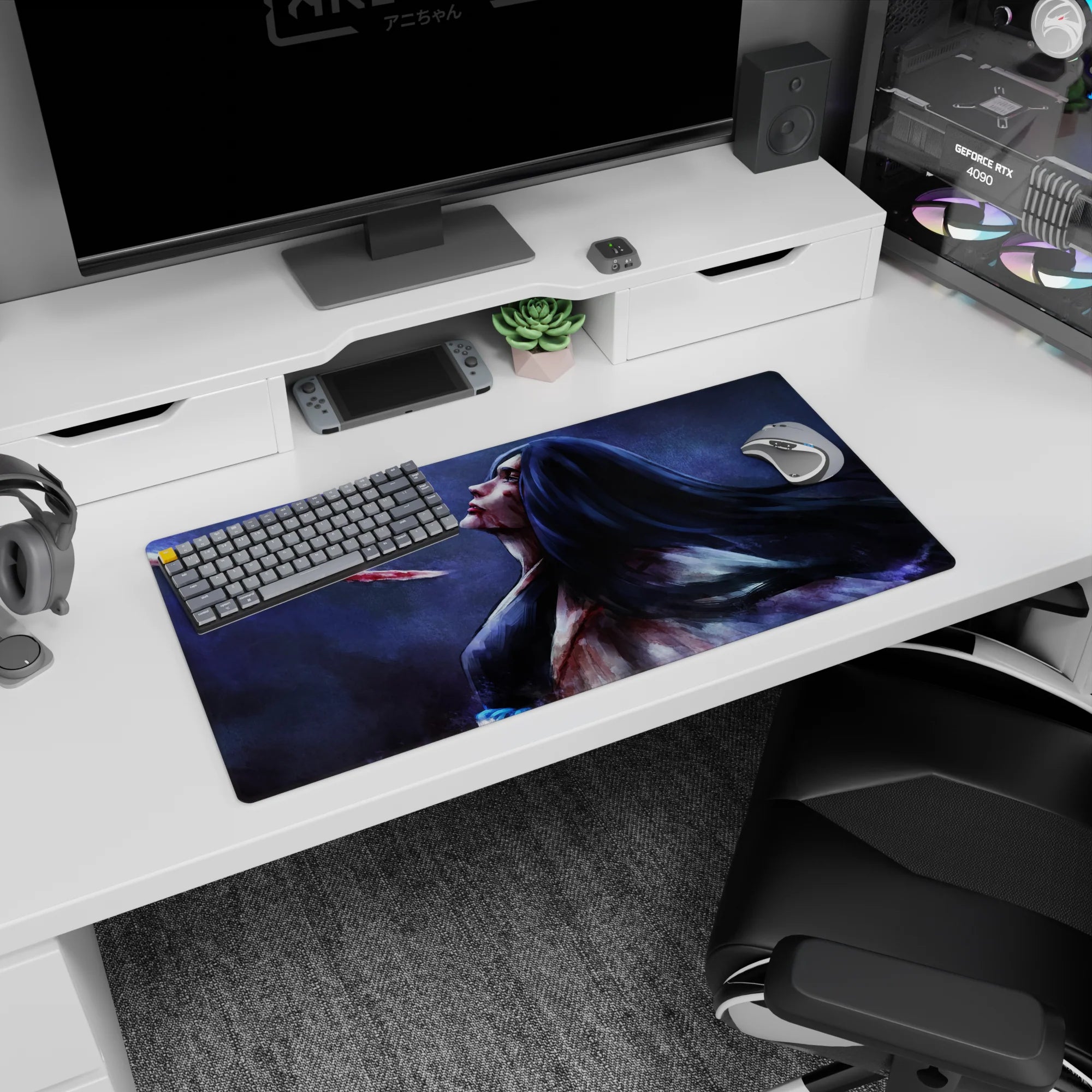 Anime mouse pad 32x16 inches featuring Retsu Unohana from Bleach, with a haunting painterly style and bloodstained blade.