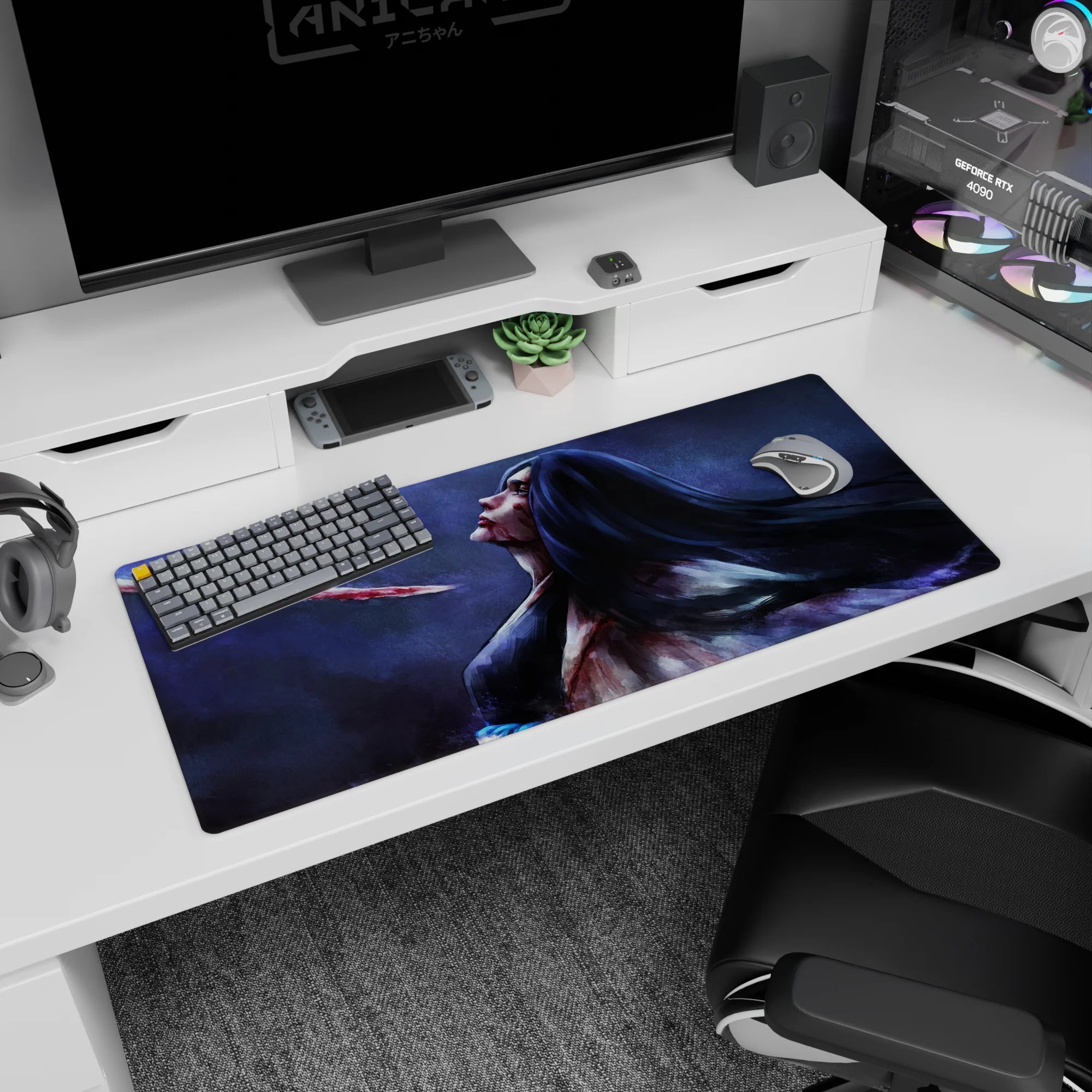 Anime mouse pad 36x16 in featuring Retsu Unohana from Bleach, depicted in a haunting, painterly style with a bloodstained blade.