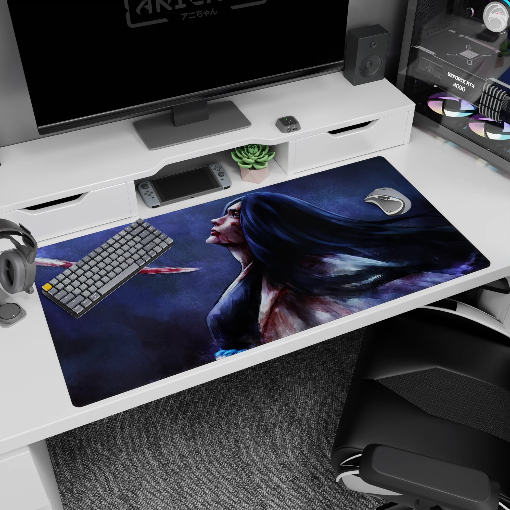 Retsu Unohana from Bleach anime on 40x20 inch desk pad, haunting style with blood trail and serene blues and purples.