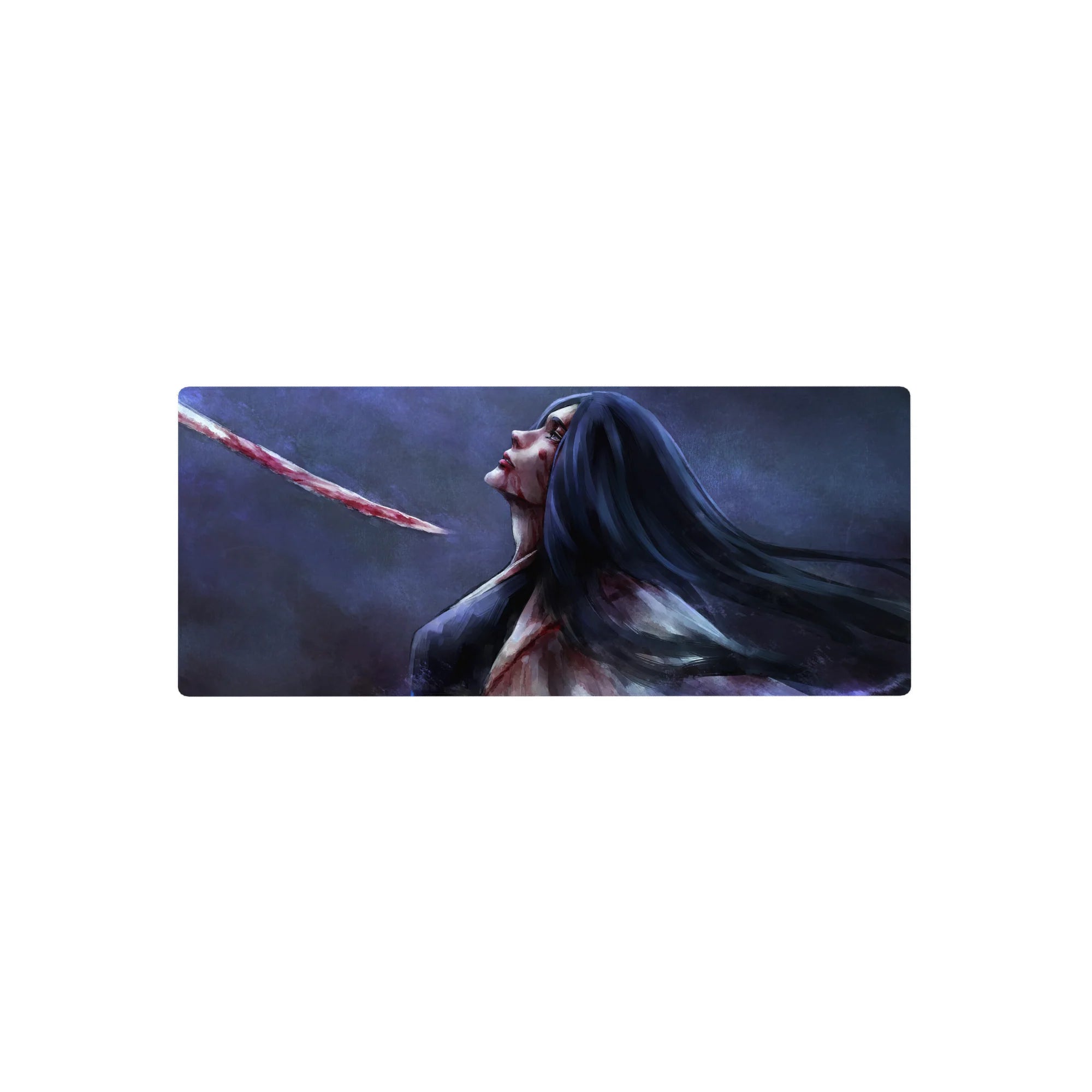 Anime mouse pad featuring Retsu Unohana from Bleach, 28x12 inches, in a haunting, painterly style with blood and blues.