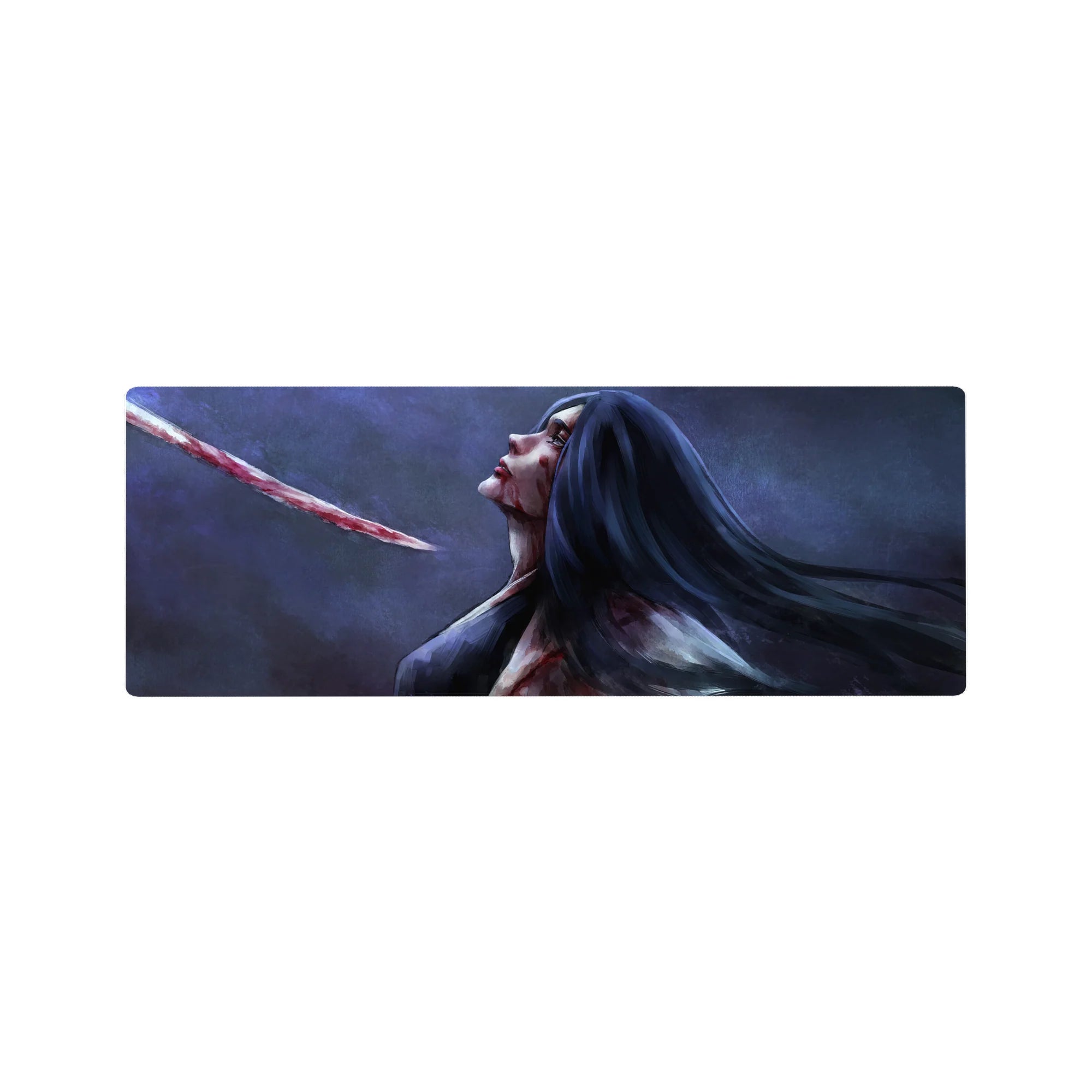 Anime mouse pad featuring Retsu Unohana from Bleach in a painterly style, 32x12 inches, with haunting, vivid colors.