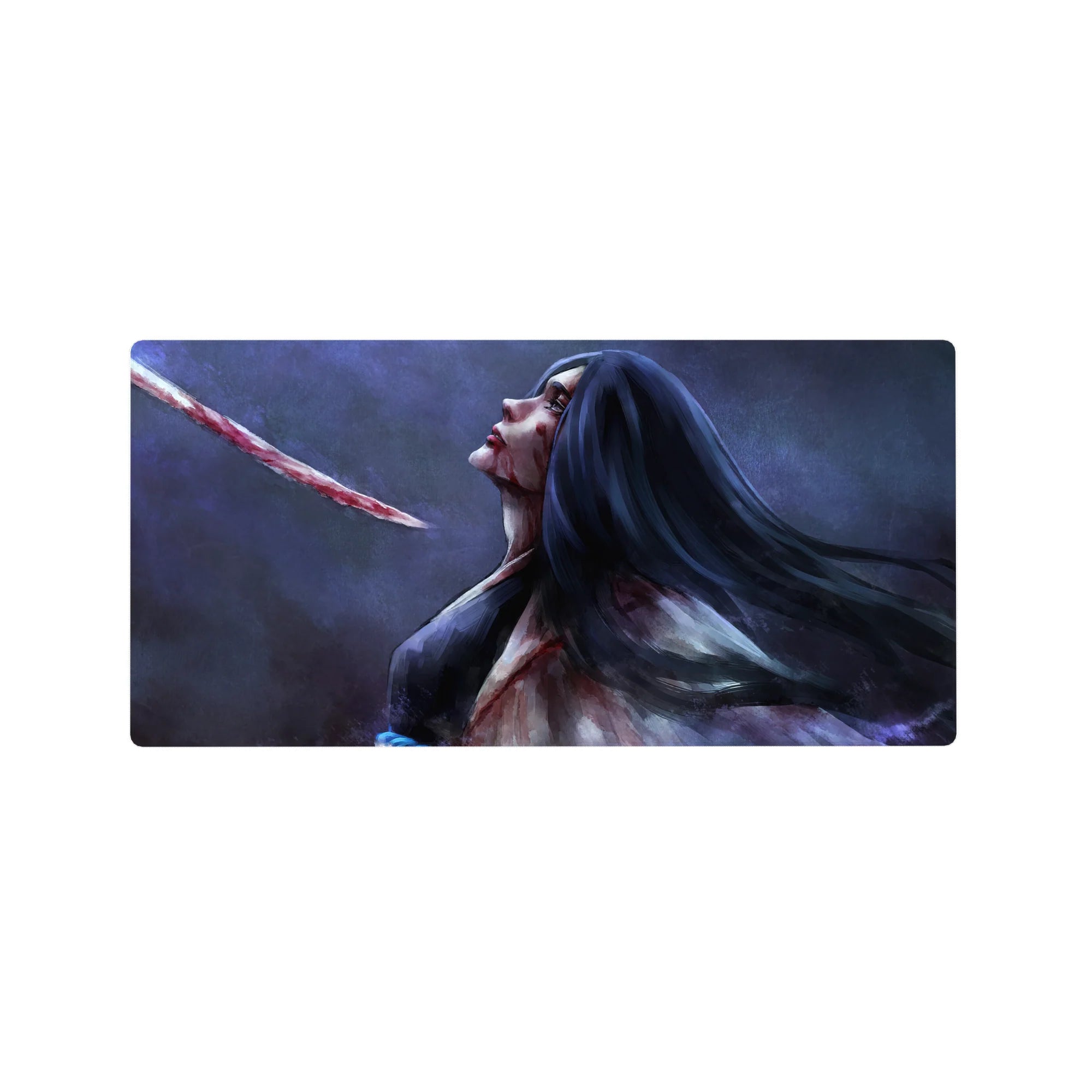 Anime mouse pad featuring Retsu Unohana from Bleach in a painterly style, 32x16 inches, with a haunting, tragic scene.