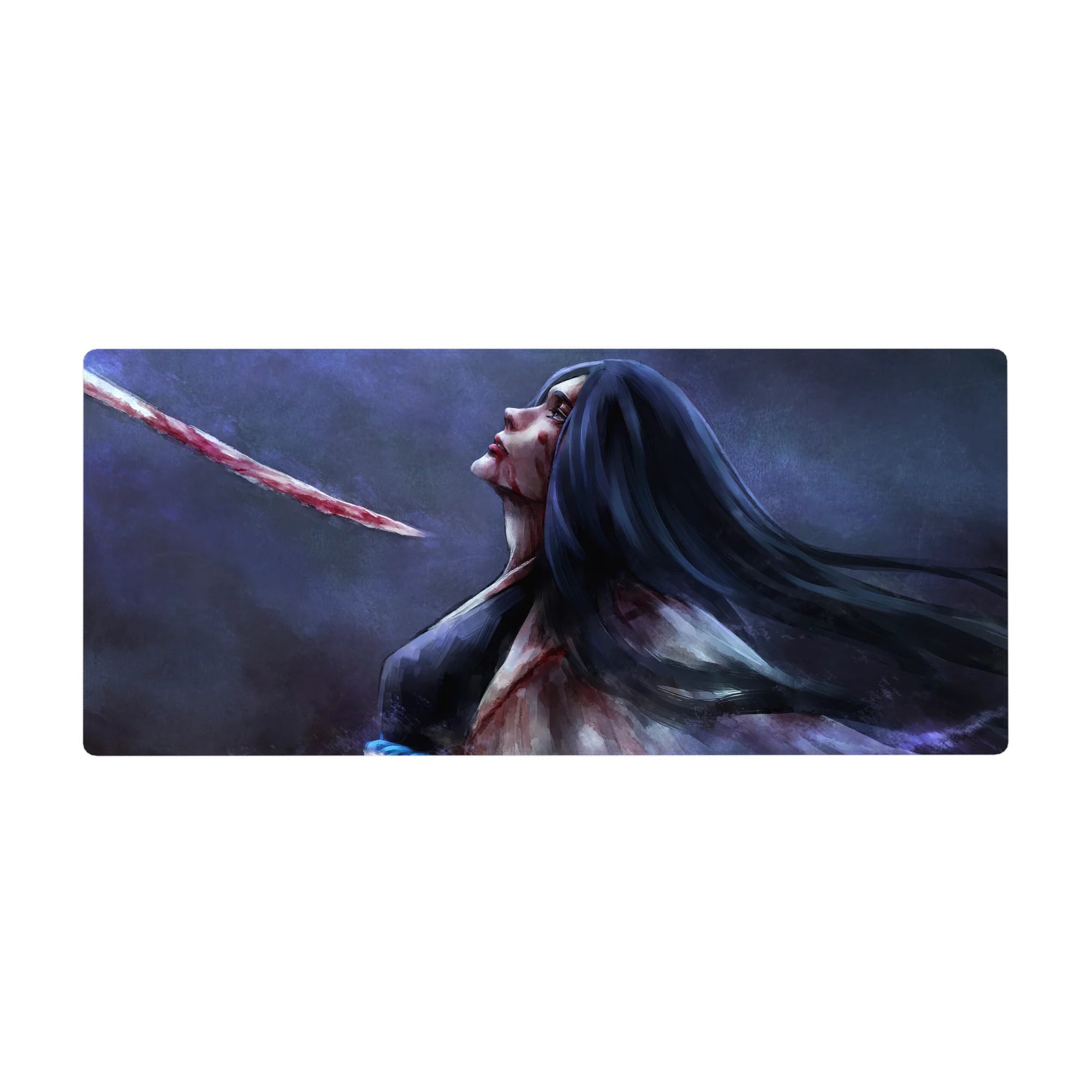 Retsu Unohana Bleach anime mouse pad, 36x16 inches, featuring her haunting gaze and bloodied blade in painterly style.