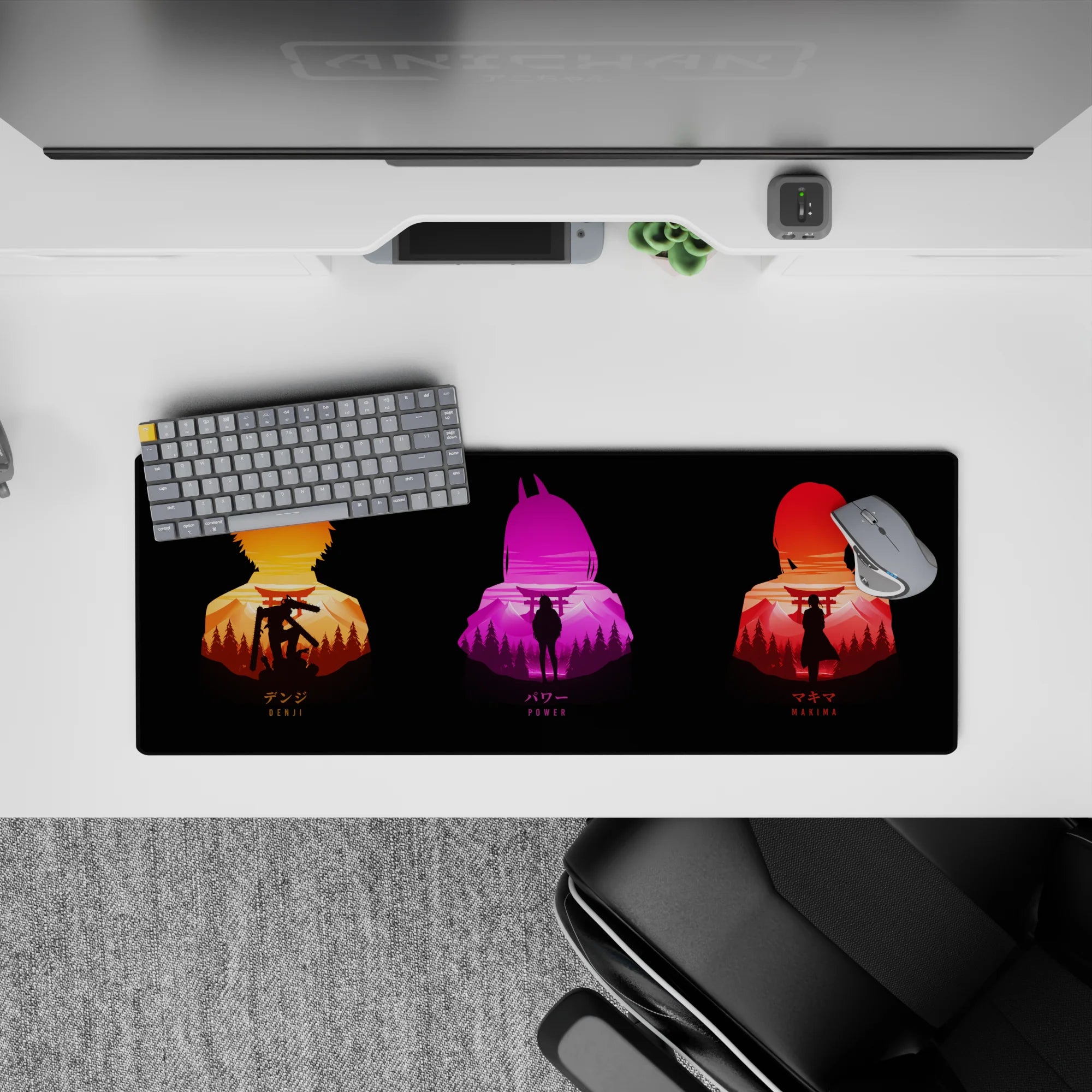Anime mouse pad 32x12 inches featuring Chainsaw Man's Denji, Power, and Makima with vivid colors and forested Japan backdrop.