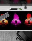 Anime mouse pad 40x20 inches featuring Denji, Power, and Makima in vivid colors with chainsaws and torii gates.
