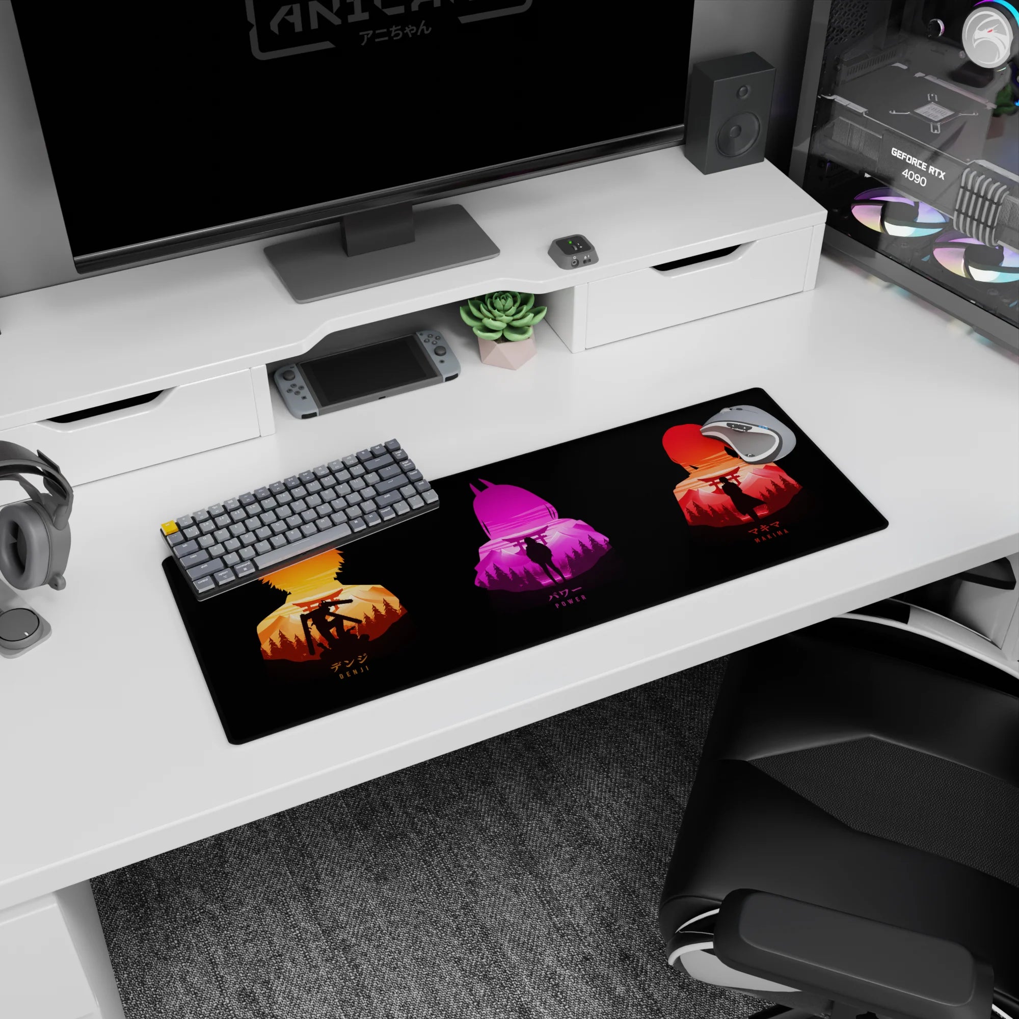 Anime mouse pad 32x12 inches featuring Denji, Power, and Makima with bold colors and a forested Japan backdrop.