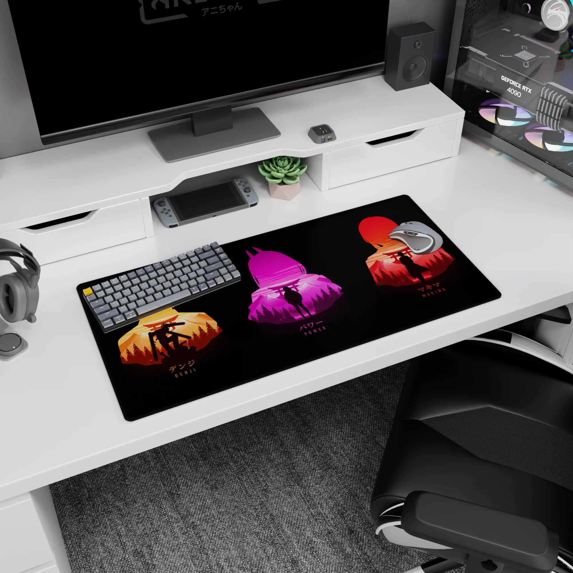 Anime mouse pad 32x16 inches featuring Denji, Power, Makima with vibrant colors and a forested Japan backdrop.