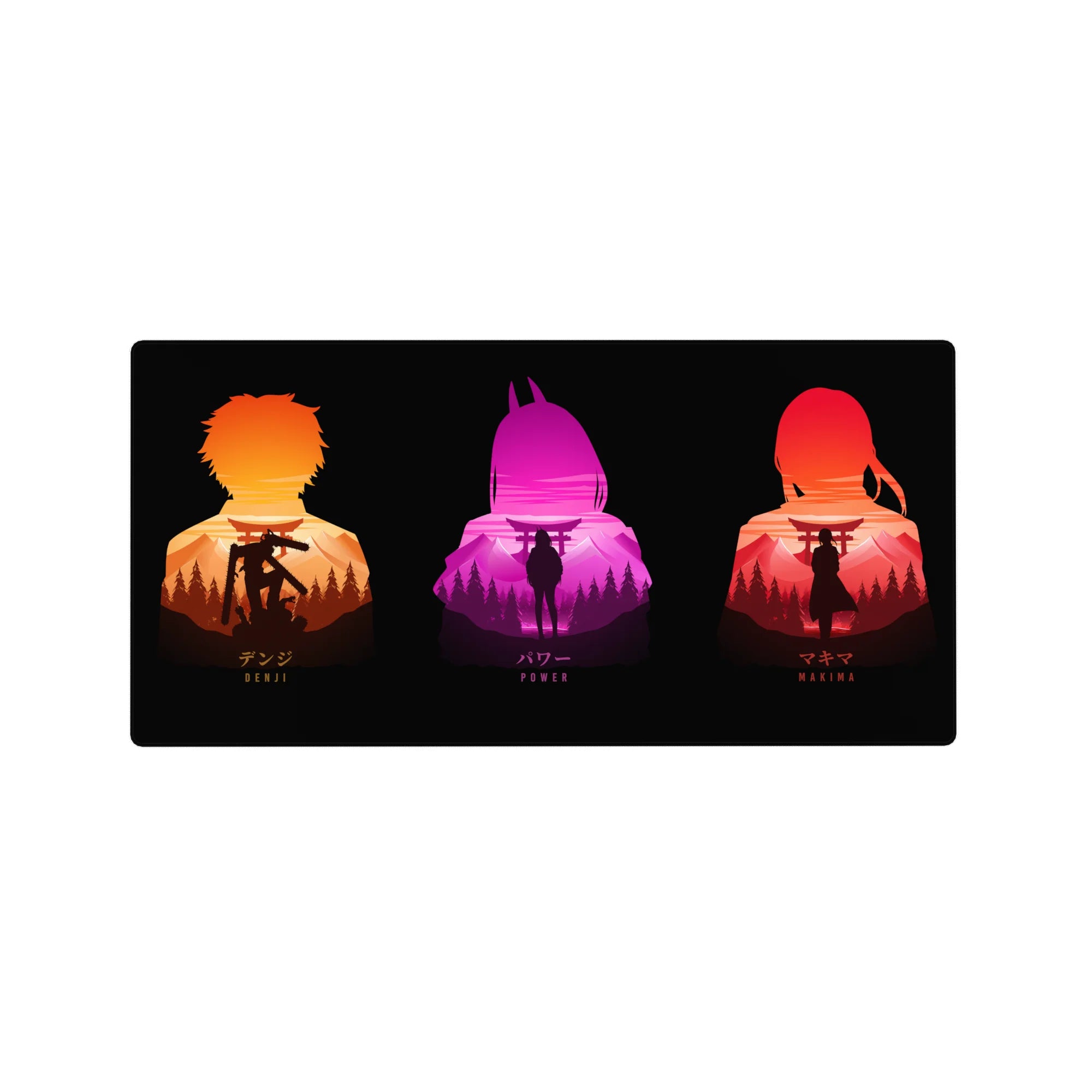 Anime mouse pad 32x16 inches featuring Denji, Power, and Makima in vivid colors with a forested Japan backdrop.