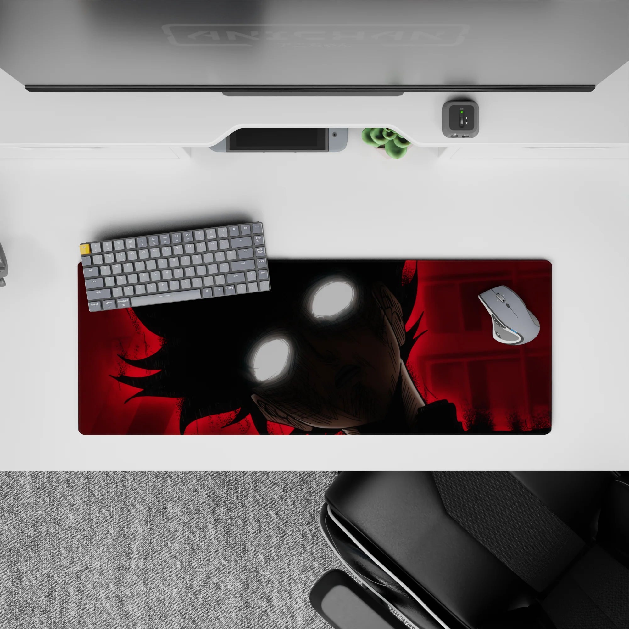 Dark red backdrop anime mouse pad 32x12 inches with stark black-and-white contrast and moody texture.