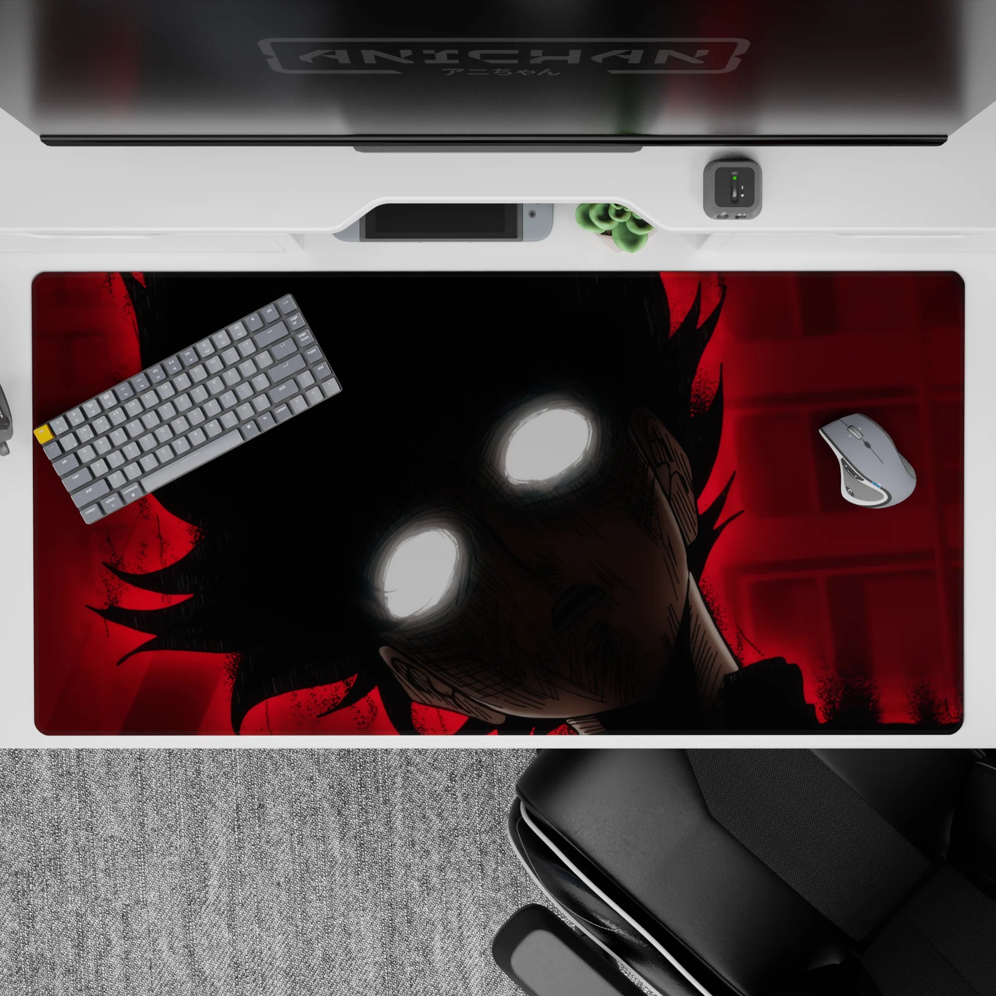 Dark red and black anime desk pad 40x20 inches, high-contrast glow-eyed portrait, late-night mood.