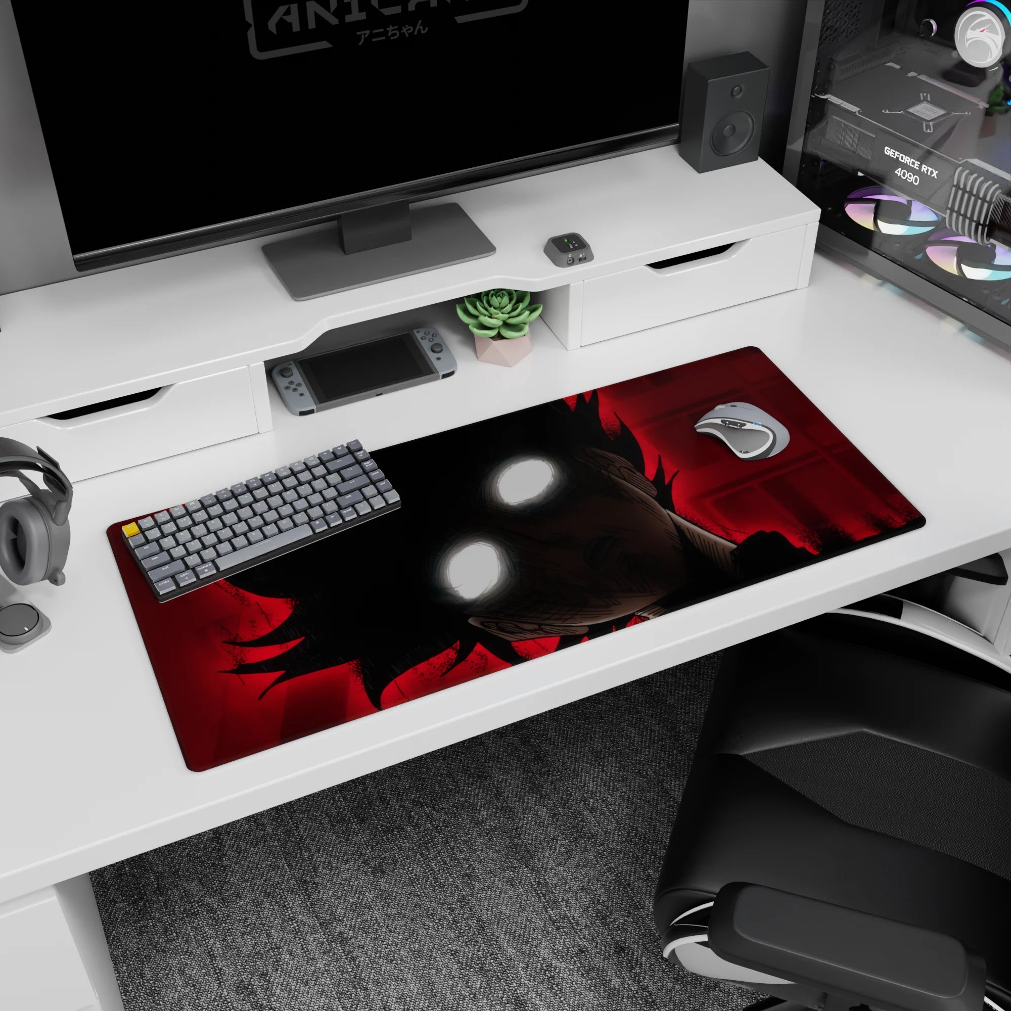 36x16 inches anime desk pad featuring a close-up face with glowing white eyes against a blood-red backdrop.