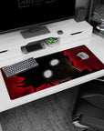36x16 inches anime desk pad featuring a close-up face with glowing white eyes against a blood-red backdrop.