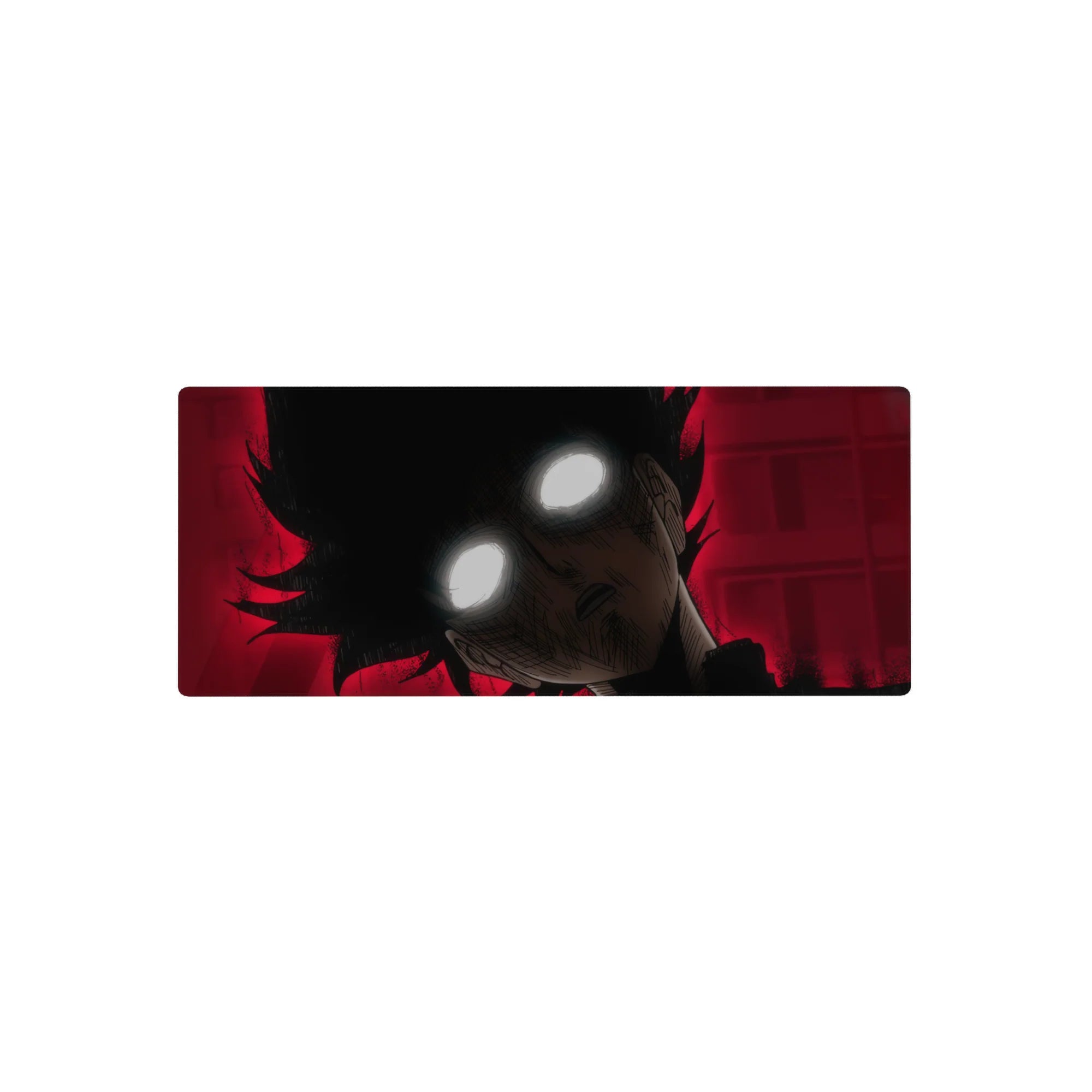28x12 inches anime mouse pad with spiked black-haired character, glowing eyes, gritty ink shading on red.