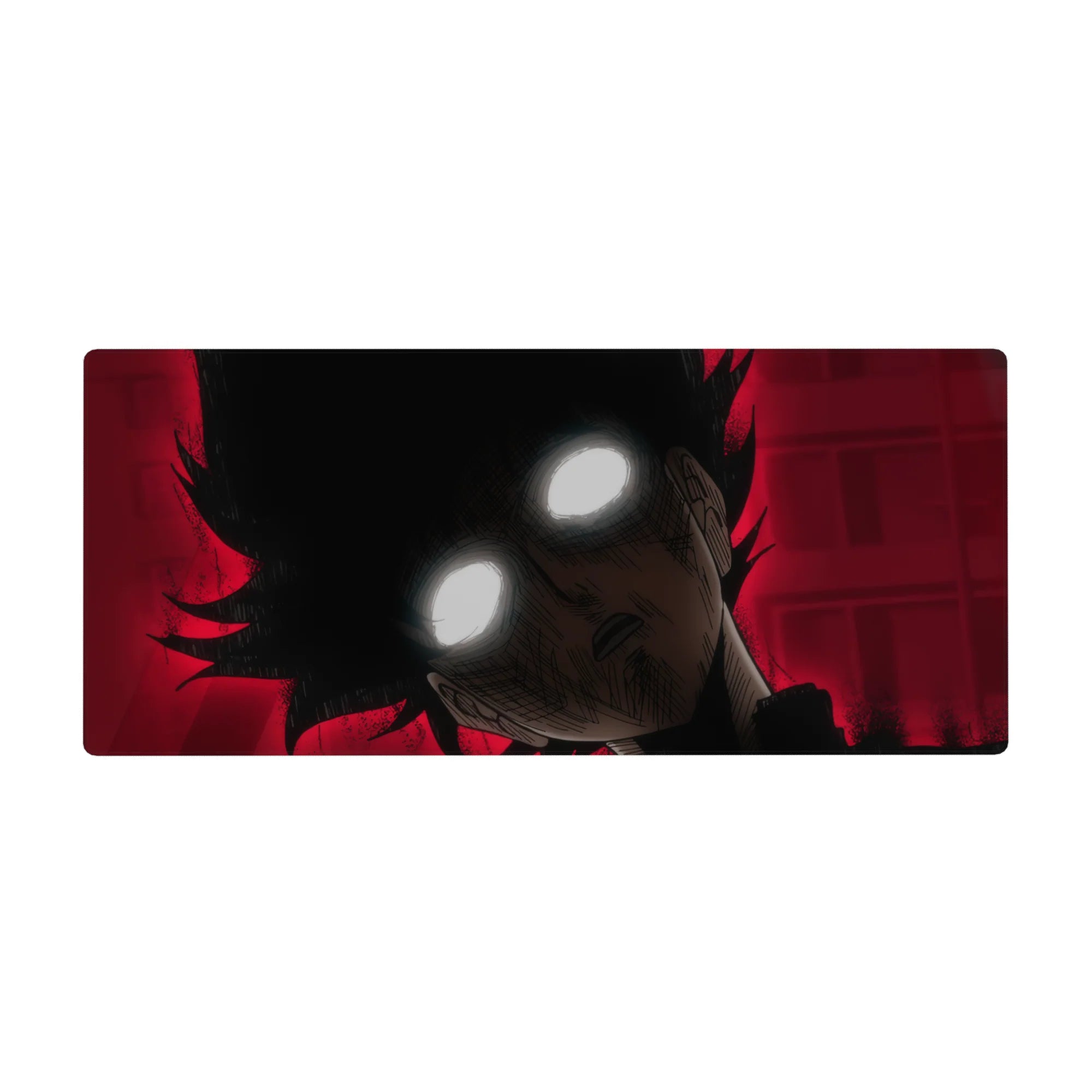 36x16 inches anime desk pad with spiked black hair, glowing eyes close-up, and crisp black uniform collar.