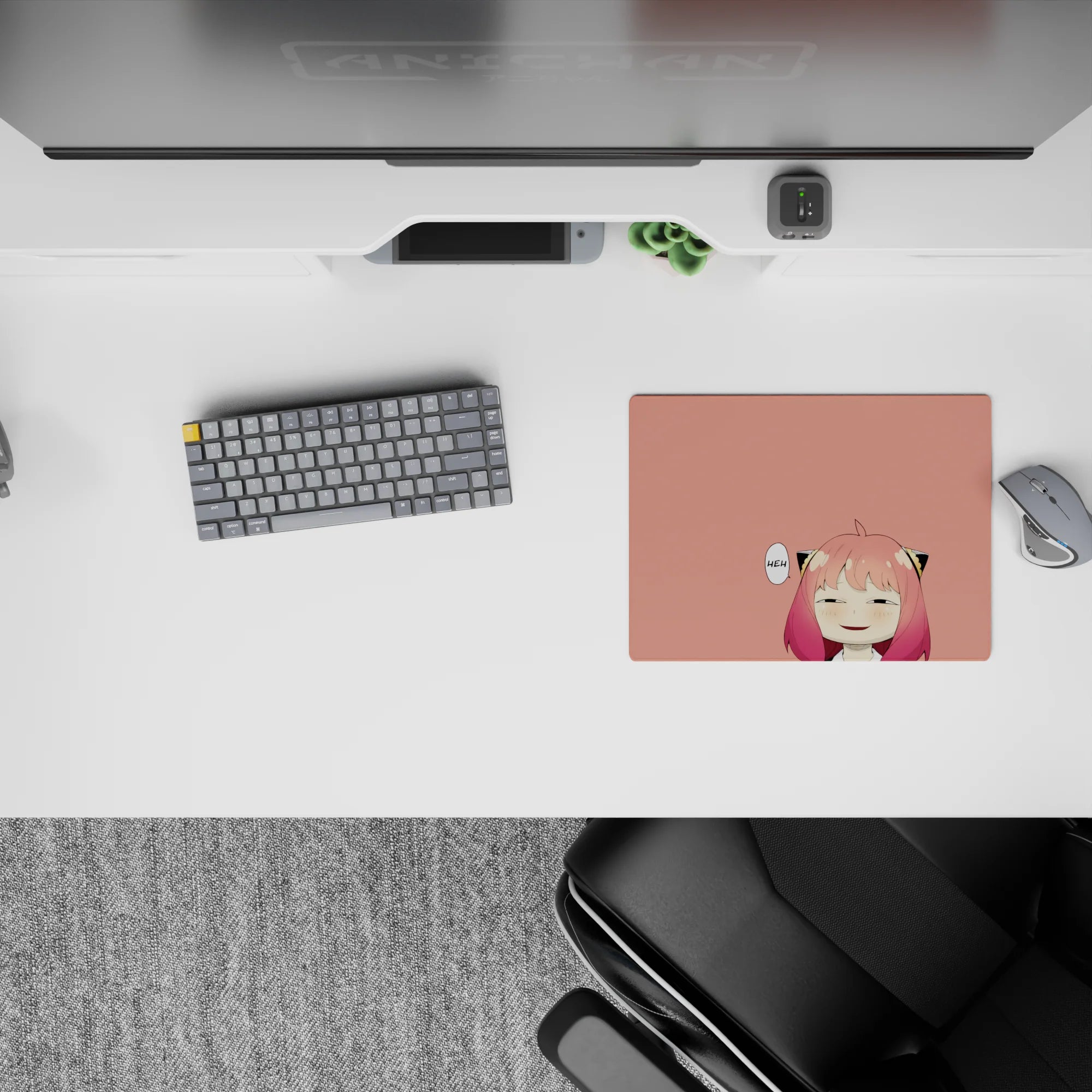 Peach background anime girl mouse pad 14x10 inches in pink-to-rose hair fade, cozy cheeky vibe.