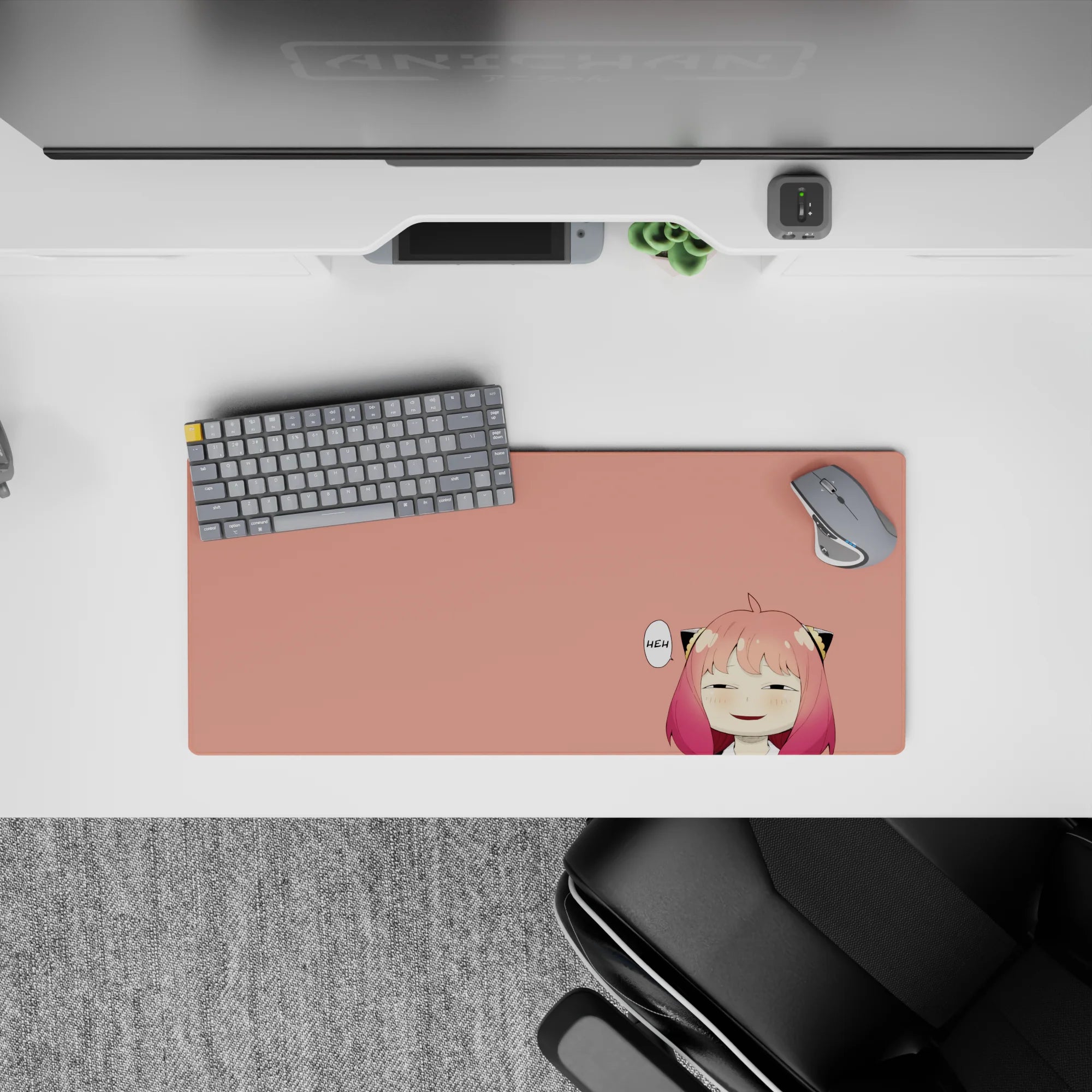 Cozy peach background on an anime girl mouse pad 28x12 inches with pink-rose hair fade and sleepy eyes.