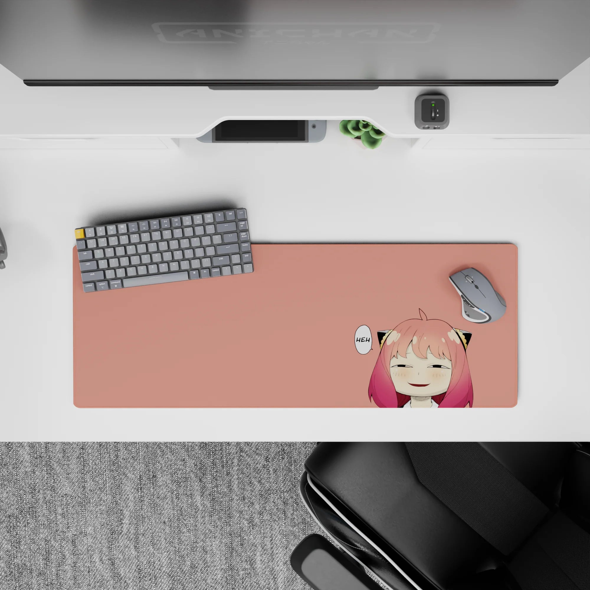 32x12 inches anime girl mouse pad in soft peach with pink-to-rose candy hair, cozy cheeky vibe.