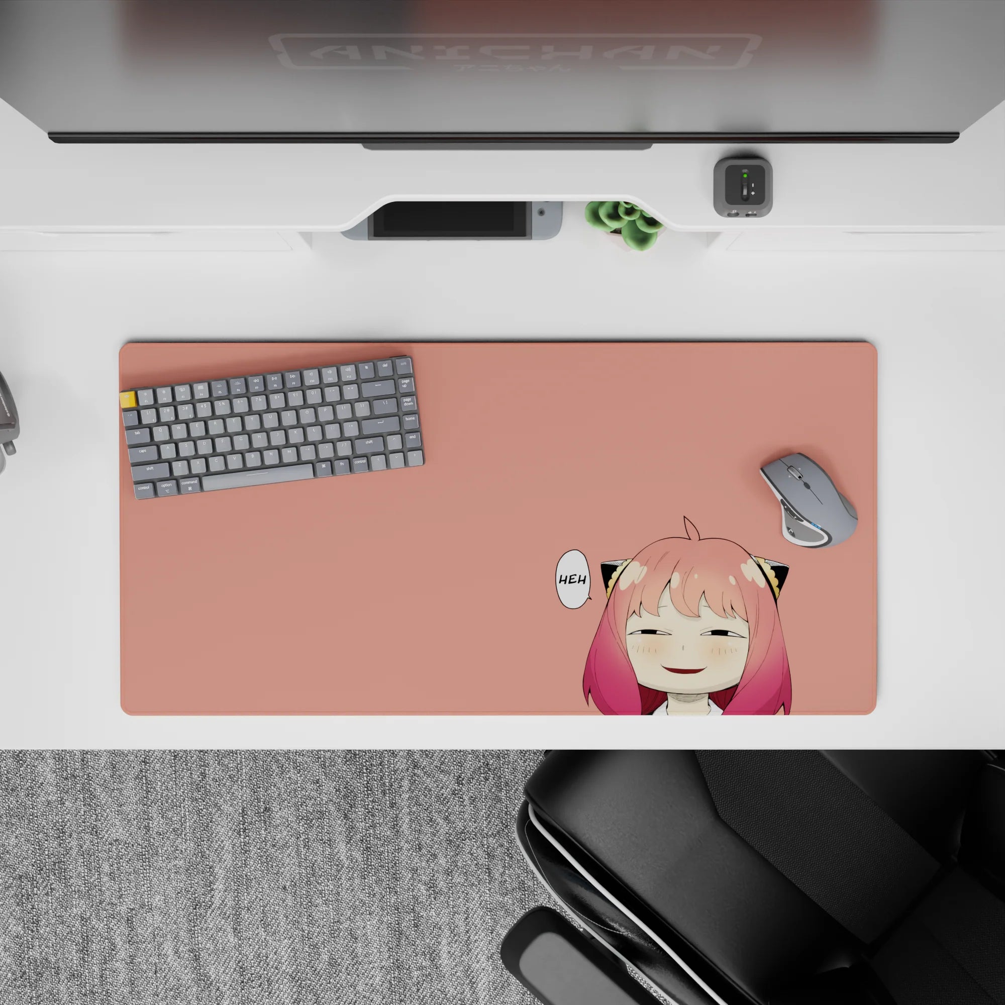 Cozy peach anime girl mouse pad 32x16 inches with pink-to-rose hair fade and playful sleepy vibe.