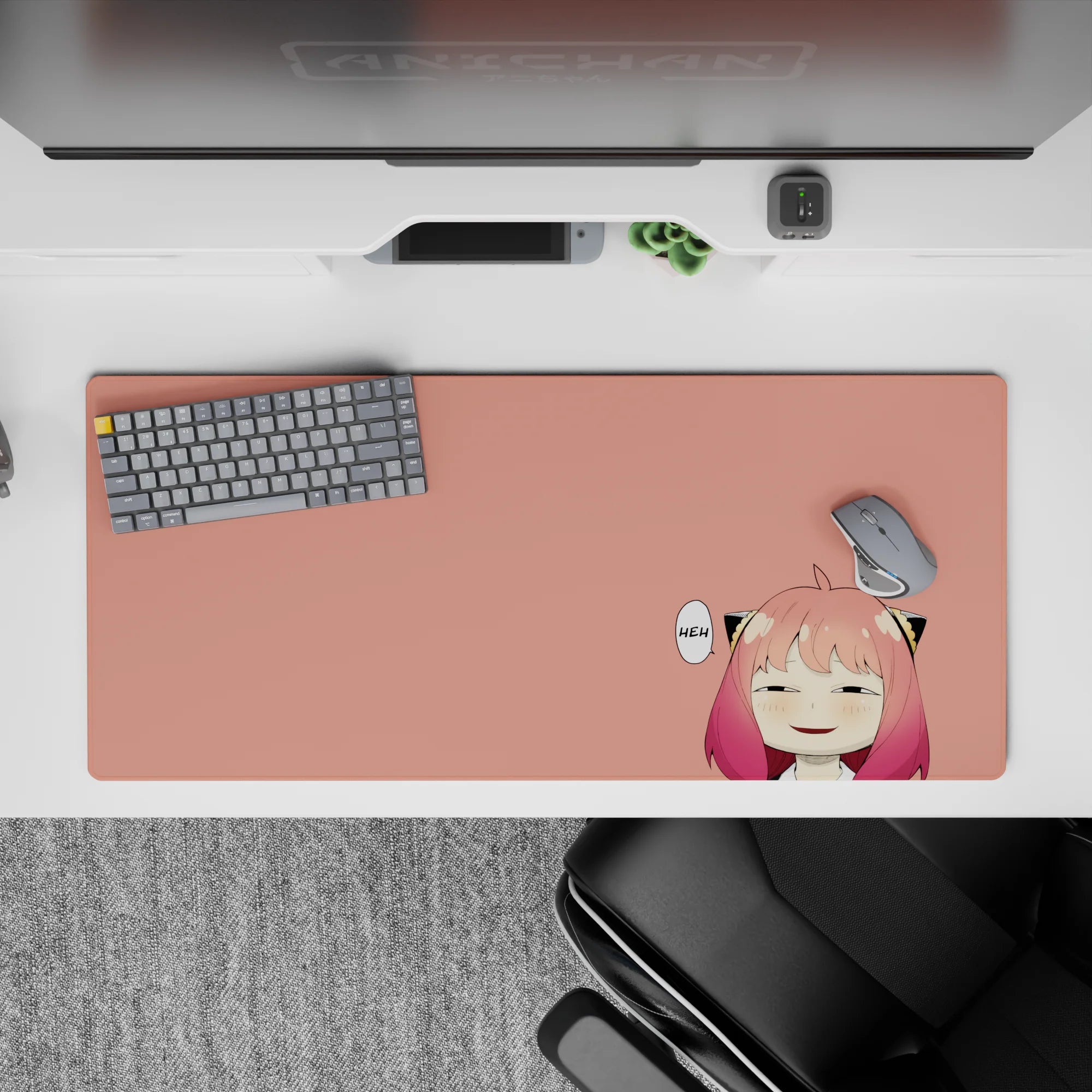 36x16 inches anime girl desk pad in soft peach with pink-to-rose hair fade, cozy cheeky vibe, blush accents.