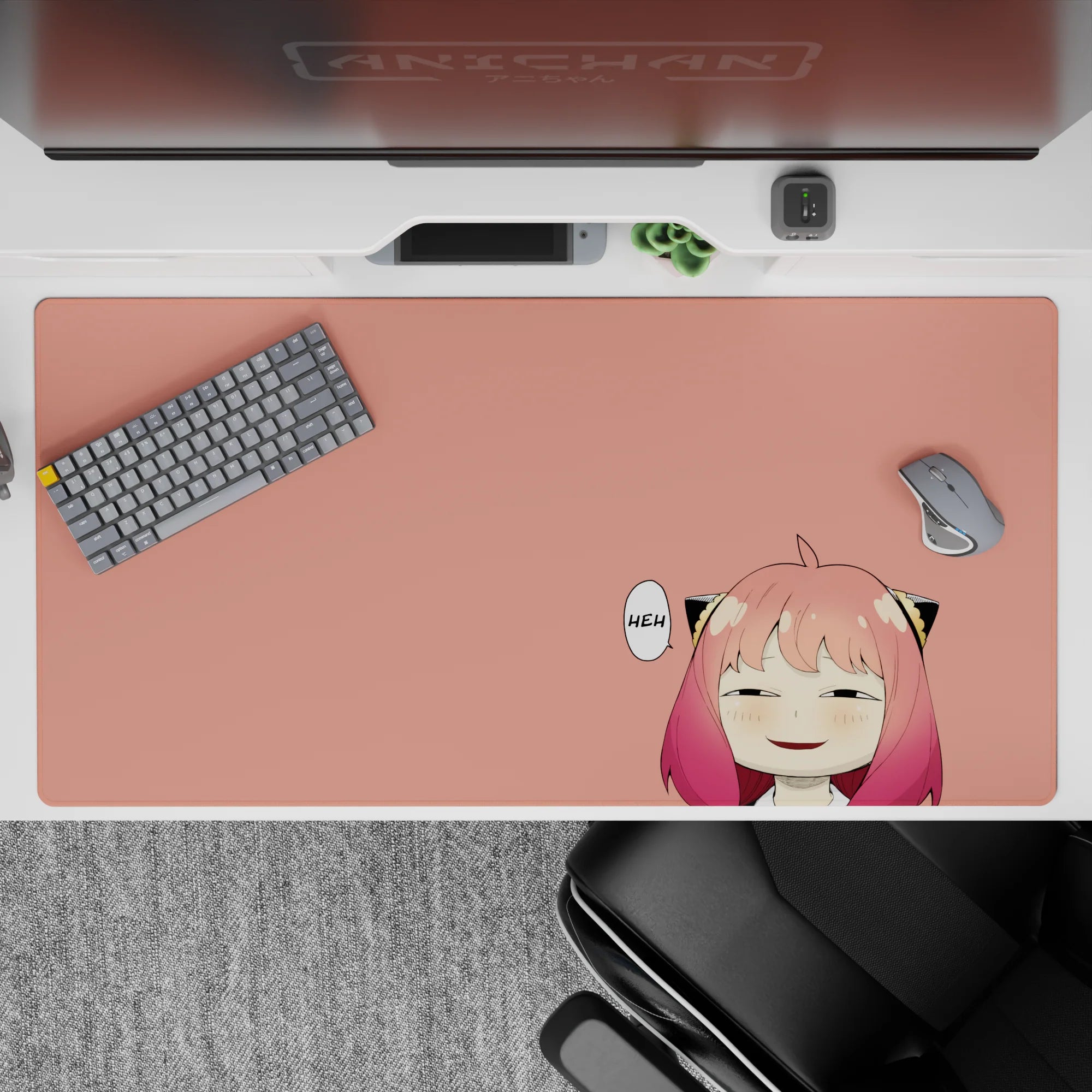Cozy cheeky anime desk pad 40x20 inches in peach with pink-to-rose hair and sleepy eyes.