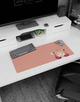 Close-up anime girl mouse pad 28x12 inches showing blushing cheeks, tiny smirk, and black cat-ear clips.
