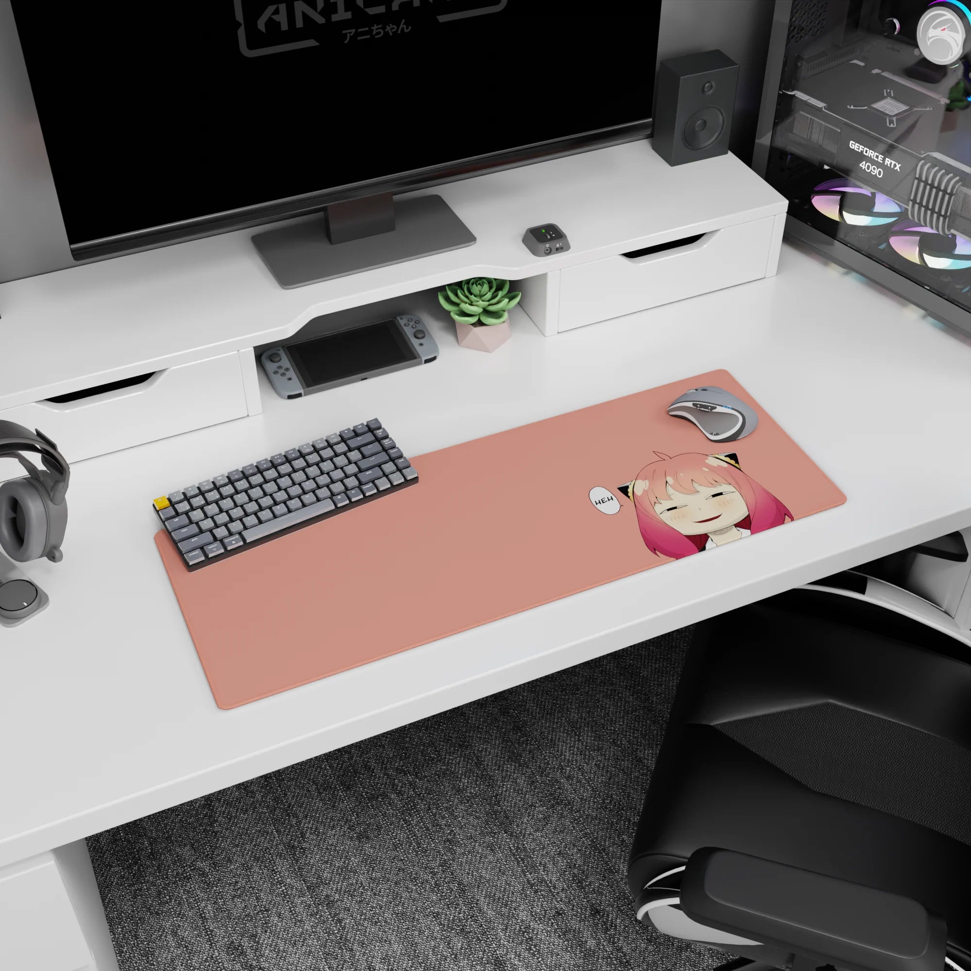 32x12 inches mouse pad showing a sleepy anime girl smirking with cat-ear hair clips on a peach backdrop.