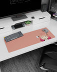 32x12 inches mouse pad showing a sleepy anime girl smirking with cat-ear hair clips on a peach backdrop.