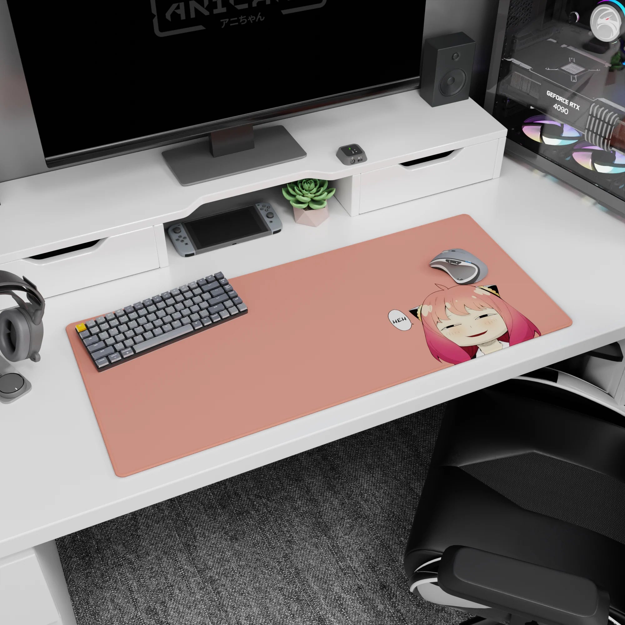 36x16 inches anime girl desk pad showing sleepy-eyed girl with tiny smug smile, candy hair gradient, cat-ear clips.