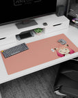 36x16 inches anime girl desk pad showing sleepy-eyed girl with tiny smug smile, candy hair gradient, cat-ear clips.