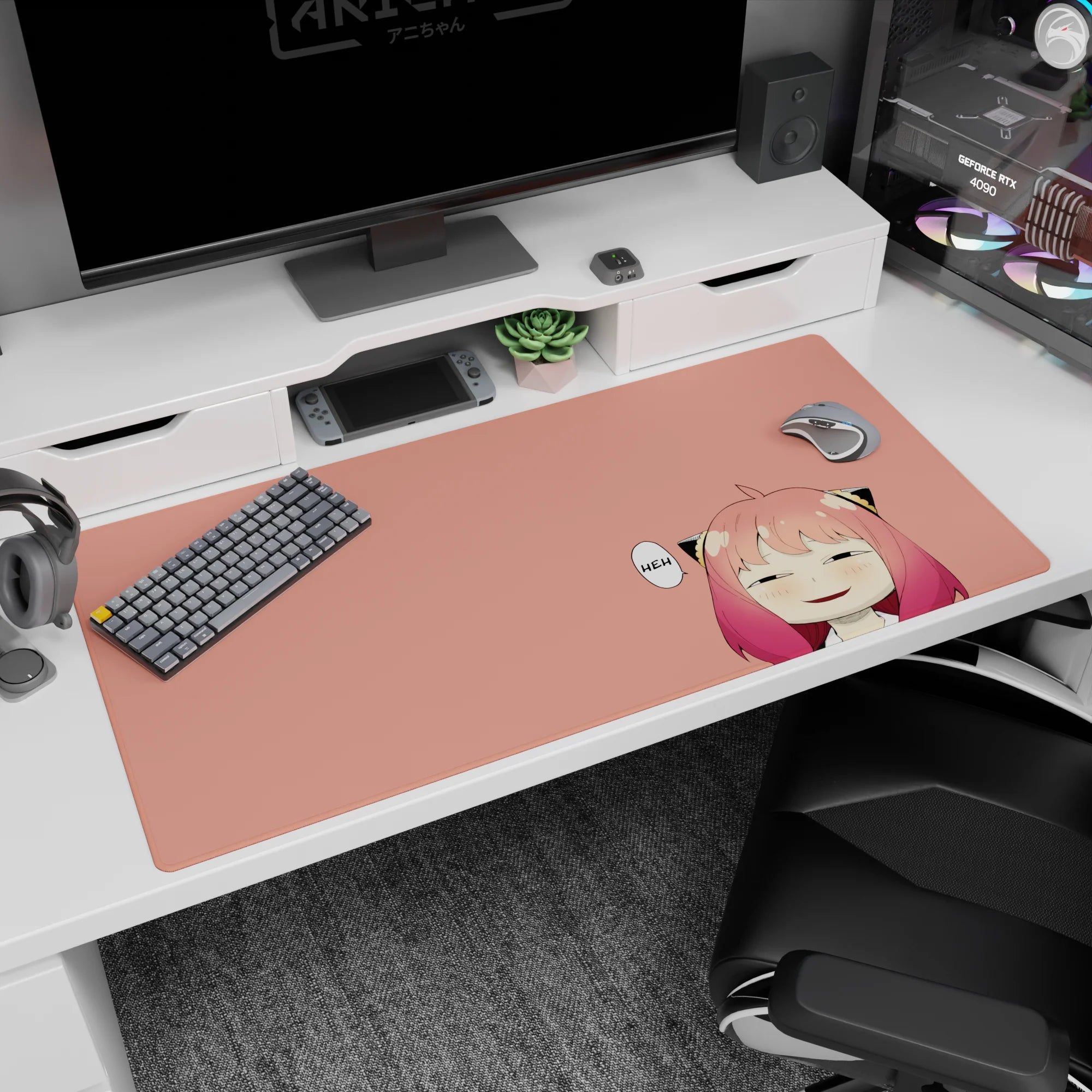 Sleepy anime girl with candy-fade hair and blush marks on a peach desk pad 40x20 inches.