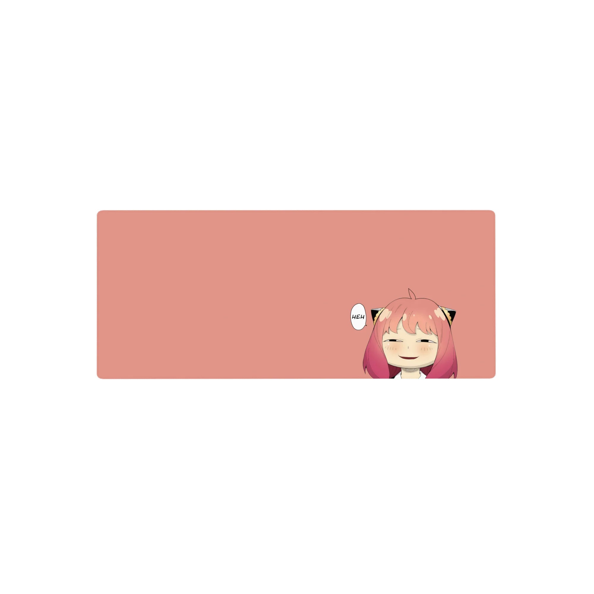 Anime girl mouse pad 28x12 inches with smug grin, cat-ear hair clips, and minimal clean desk design.