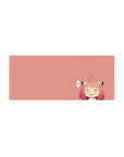 Anime girl mouse pad 28x12 inches with smug grin, cat-ear hair clips, and minimal clean desk design.