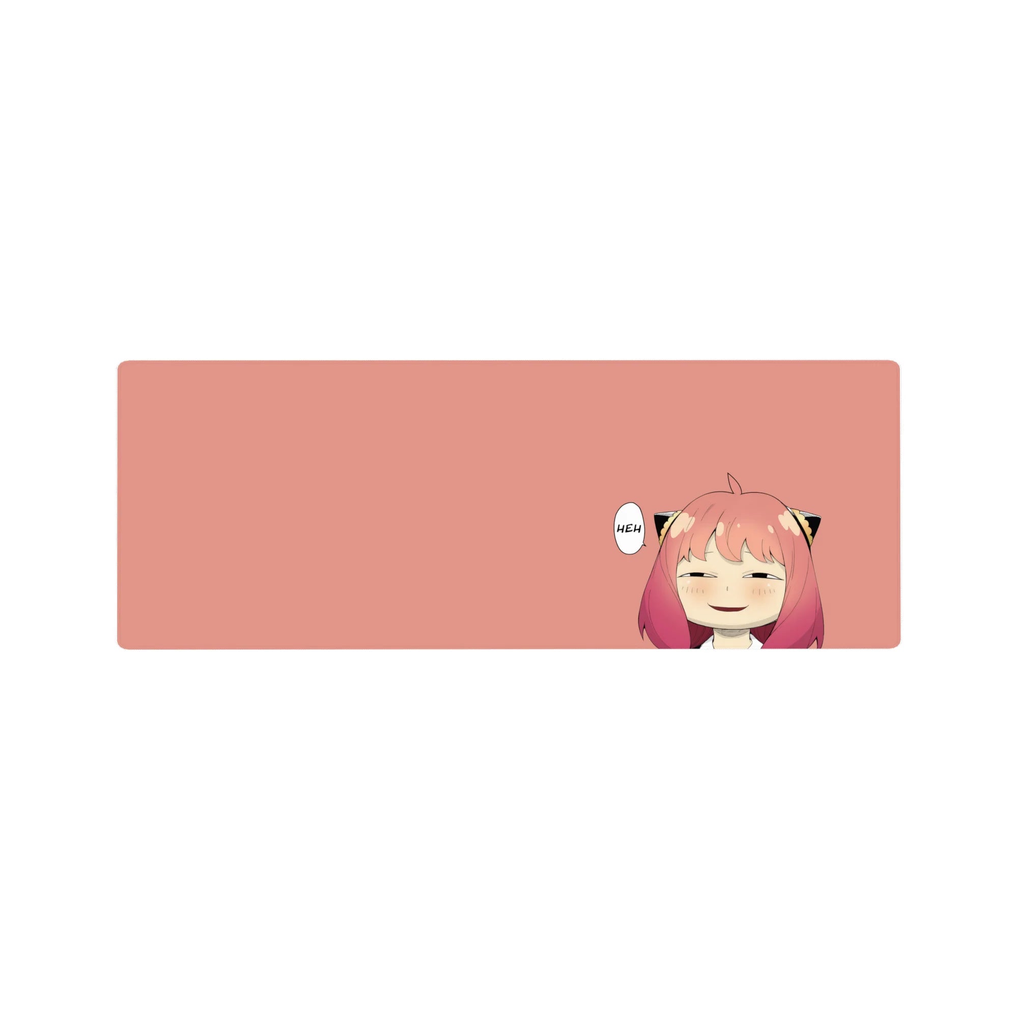 32x12 inches anime girl mouse pad with smug grin, sleepy eyes, blush marks, and black cat-ear clips.