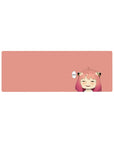 32x12 inches anime girl mouse pad with smug grin, sleepy eyes, blush marks, and black cat-ear clips.